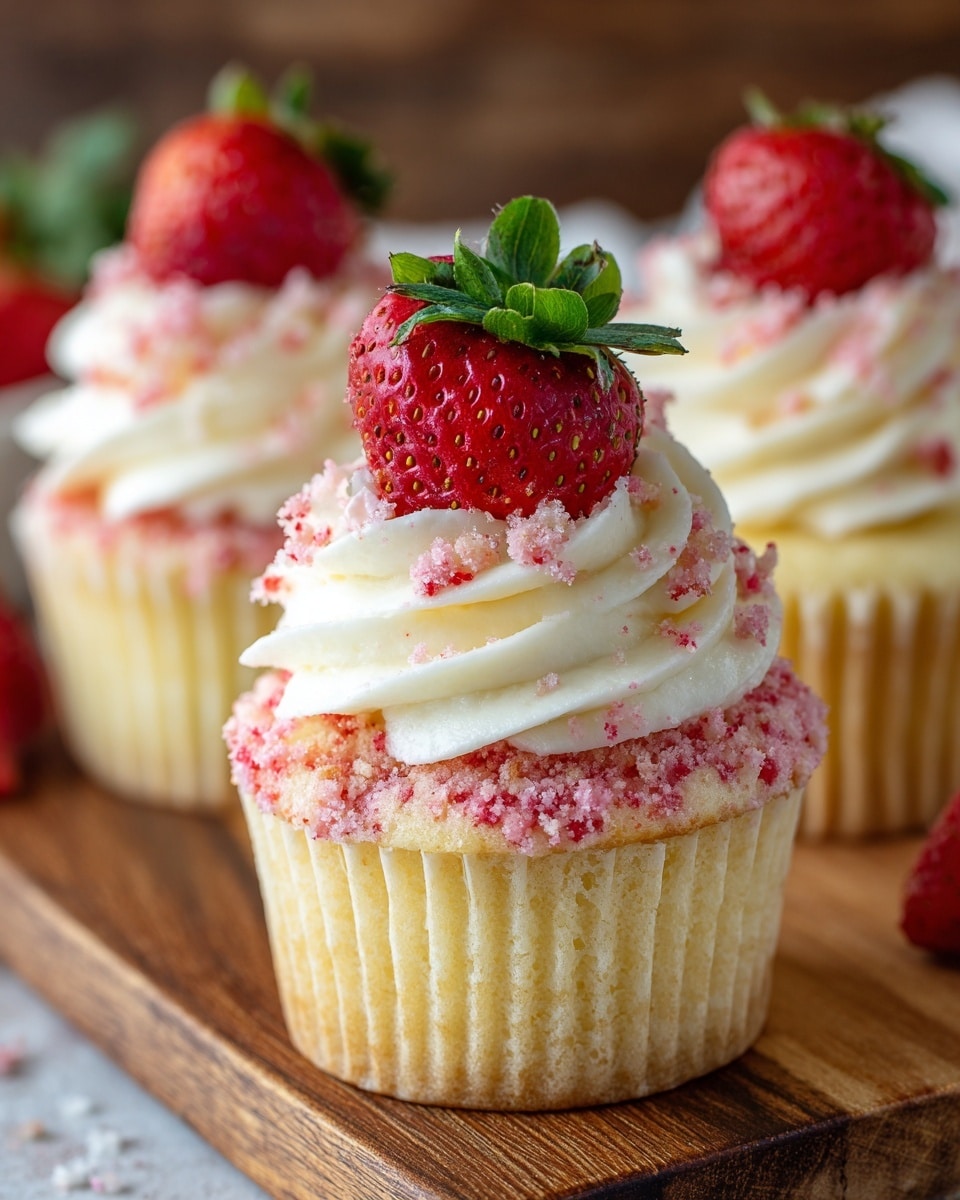 The image shows a close-up of a white cupcake with three layers: the base is a light yellow cake, topped with a thick swirl of white creamy frosting. The frosting is covered in bright pink crumb bits that add a rough texture. On top of the frosting, there is a half-cut fresh red strawberry with green leaves, placed upright. In the background, two more similar cupcakes are slightly out of focus, set on a wooden surface. Photo taken with an iphone --ar 4:5 --v 7