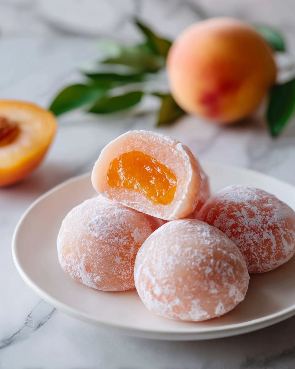 A white plate holds four round mochi, each with a light peach color and a soft, powdery layer dusted on the surface. One mochi is cut in half and held above the plate, showing a smooth, glossy orange filling inside, which looks jelly-like. The mochi outer layer is slightly translucent and smooth, with fine white powder coating. In the background, there is an orange peach and some green leaves resting on a white marbled surface. photo taken with an iphone --ar 4:5 --v 7