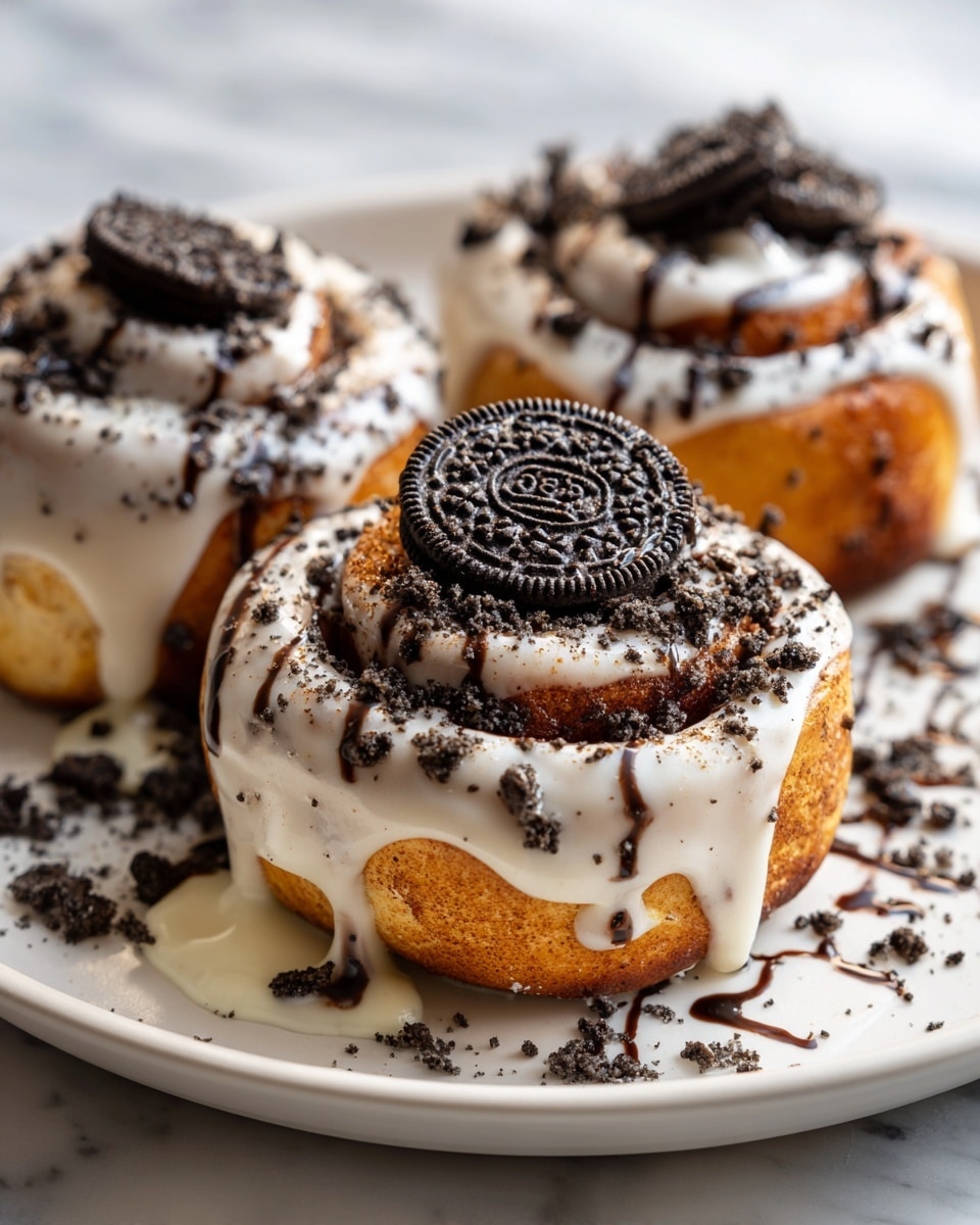 Three golden brown cinnamon rolls sit on a white plate with a glossy, smooth layer of white icing that drips down the sides. Each roll is topped with a whole black Oreo cookie and sprinkled with dark chocolate cookie crumbs. Thin lines of dark chocolate syrup run over the icing, adding contrast and texture to the top. The plate rests on a white marbled surface. The rolls look soft and fresh, with the rich dark toppings standing out against the creamy icing and warm dough. Photo taken with an iphone --ar 4:5 --v 7