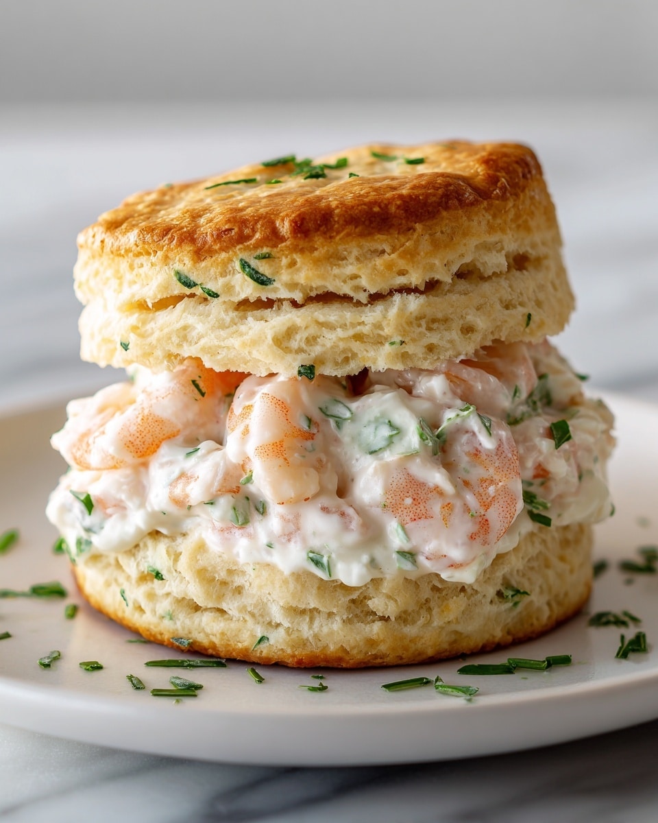 A biscuit sandwich is shown stacked on a white plate with a white marbled texture beneath. The sandwich has two thick flaky golden brown biscuits as the top and bottom layers, speckled with small chopped green herbs on top. Between the biscuits is a creamy white layer mixed with light pink cooked shrimp pieces, arranged closely together. Small bits of green herbs are also visible inside the creamy layer and scattered around the plate. The top biscuit shows clear flaky layers with a light crunch texture. Photo taken with an iphone --ar 4:5 --v 7