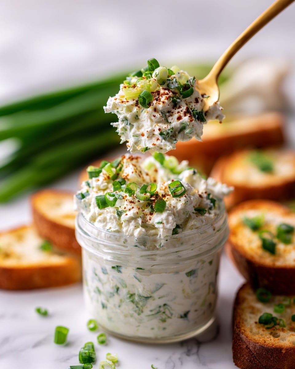 A small clear glass jar filled with a thick, creamy white spread mixed with finely chopped green herbs and scallions, creating a speckled green and white texture throughout the spread; a gold spoon lifts a dollop of this mixture out of the jar, showing its soft, fluffy, and slightly chunky texture. The spread is topped with more chopped green onions and a dusting of reddish-brown spice, and in the background, blurred fresh green scallions and toasted bread slices on a white marbled surface add context. Photo taken with an iphone --ar 4:5 --v 7