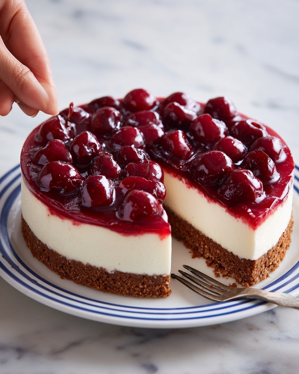 The image shows a round cheesecake with three clear layers on a white plate with blue stripes. The bottom layer is a crumbly brown crust, the middle layer is a smooth creamy white cheese filling, and the top layer is a shiny deep red cherry topping with whole cherries spread evenly. A slice has been cut out, revealing the clean edges between each layer. A woman's hand holding a fork is near the bottom right of the plate. The background is a white marbled texture. Photo taken with an iphone --ar 4:5 --v 7