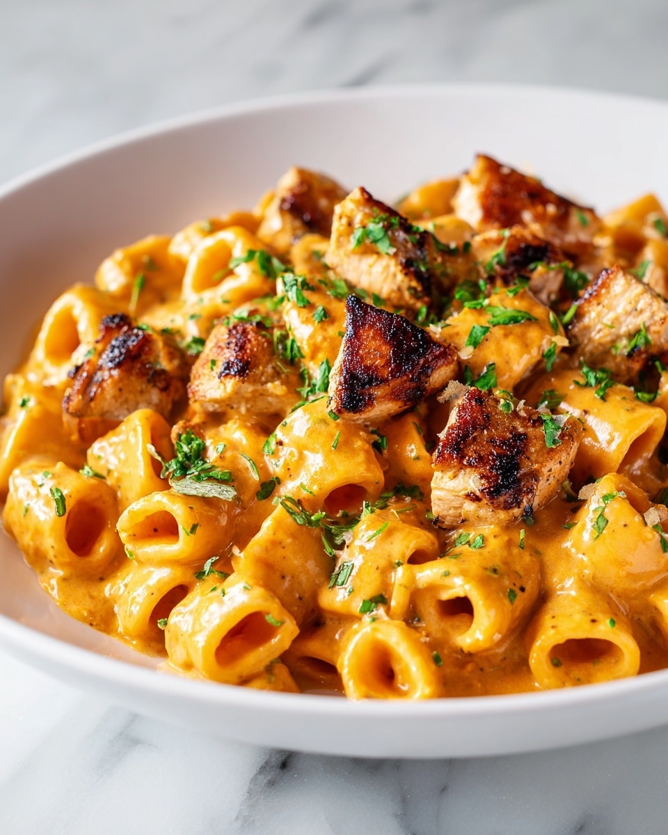 A close-up of a gray rimmed white plate filled with creamy penne pasta topped with browned chunks of chicken and sprinkled with fresh green parsley. The pasta is light yellow with a smooth, creamy texture, while the chicken pieces are golden brown and slightly crisp on the edges, scattered evenly across the pasta. Small bits of parsley add a pop of green color on top. The background is a white marbled surface. Photo taken with an iphone --ar 4:5 --v 7
