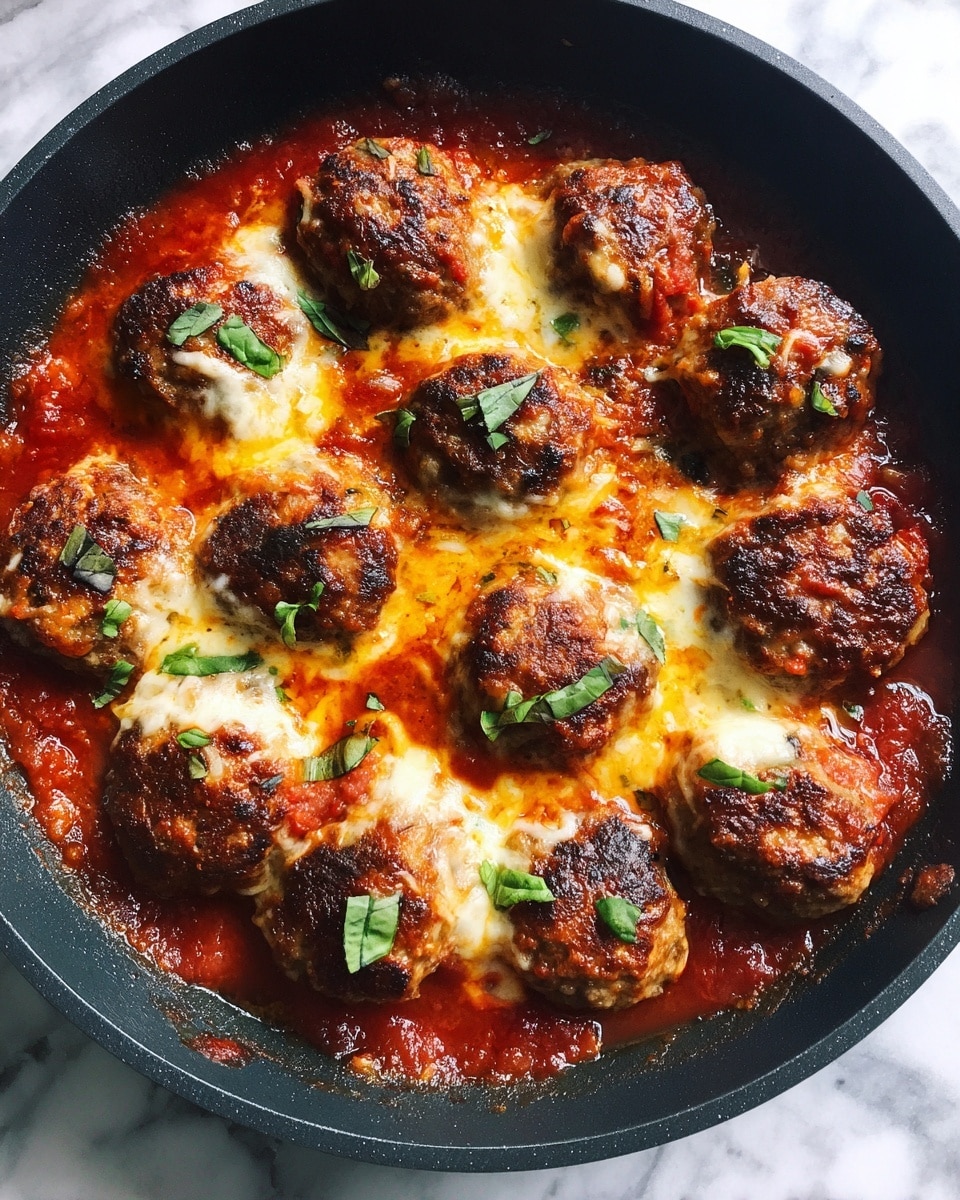 A black skillet filled with golden-brown meatballs covered in melted cheese and tomato sauce, each meatball looking juicy and slightly crispy on the outside, with small green basil leaves garnishing the top center, creating a fresh contrast to the rich sauce; the tomato sauce is thick and reddish, pooling around the meatballs and filling the pan. The skillet sits on a white marbled surface. Photo taken with an iphone --ar 4:5 --v 7