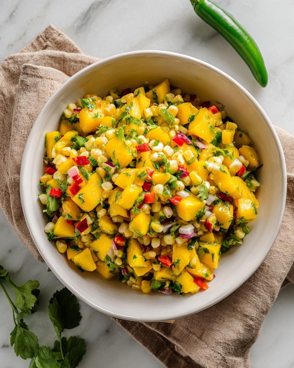 A white bowl filled with a colorful salad sits on a white marbled surface, lined with a light brown cloth beneath. The salad has three main visible layers mixed evenly: bright yellow mango chunks, small white corn kernels, and chopped green herbs with tiny pieces of red bell pepper scattered throughout. The textures show softness from the mango, crunchiness from the corn, and a fresh, leafy look from the herbs. A small green chili pepper and green leaves are seen near the bowl, adding an extra splash of bright color. photo taken with an iphone --ar 4:5 --v 7
