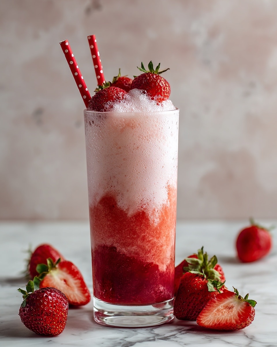 A tall clear glass filled with a three-layer strawberry drink stands on a white marbled surface. The bottom layer is a thick, deep red strawberry puree, followed by a middle layer that is pale pink with a slightly frothy texture blending into the puree. The top layer is a light pink foam with visible bubbles, garnished with four whole red strawberries on the surface. Two red straws with white polka dots are placed inside the glass, one leaning slightly outward. Around the glass, several whole and halved red strawberries with green tops are scattered on the white marbled surface. photo taken with an iphone --ar 4:5 --v 7
