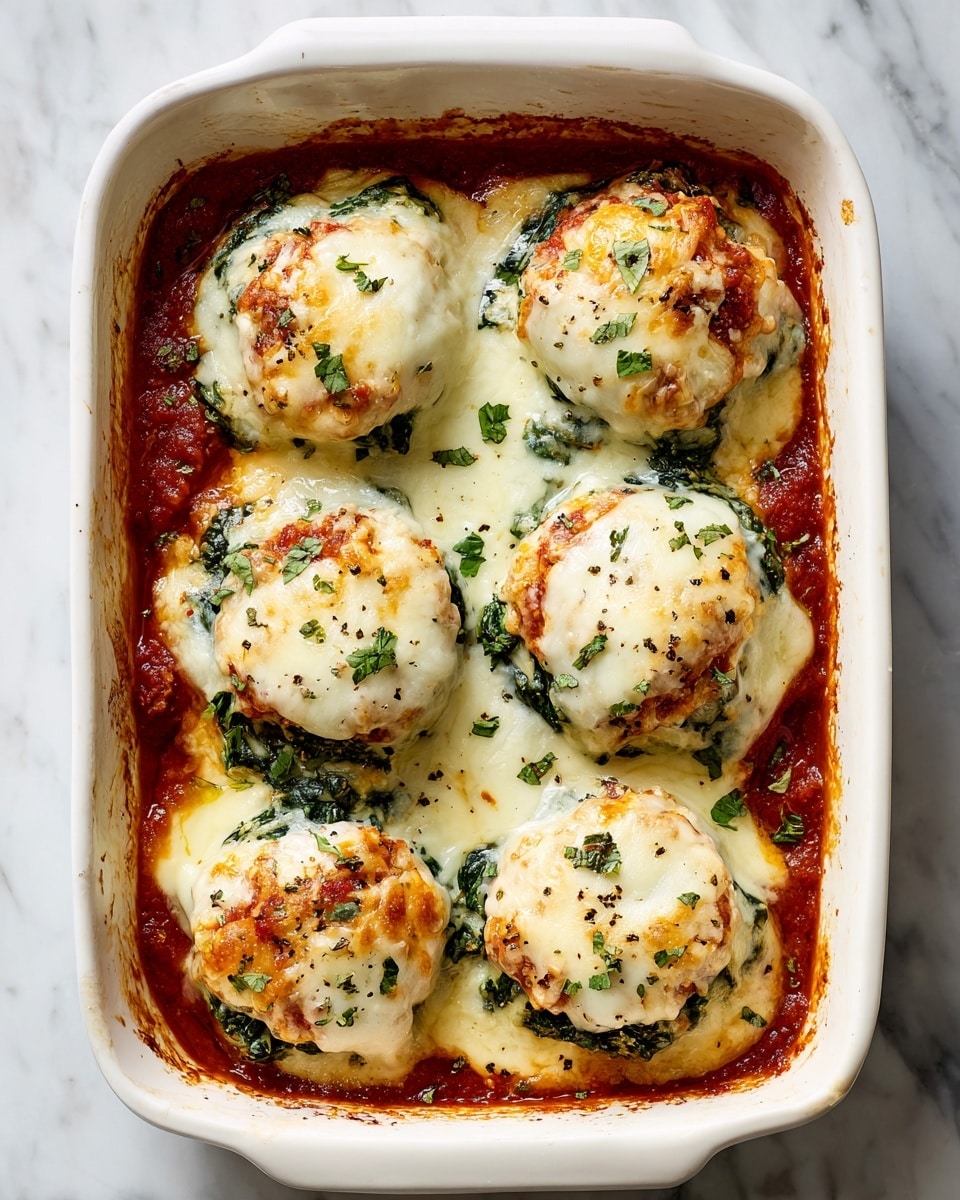 The dish shows a white rectangular baking dish filled with six large, stuffed dumplings arranged in two rows of three. The base layer is a rich, red tomato sauce that peeks around the edges. Each dumpling is covered in a creamy, melted white cheese with a slightly golden-brown, bubbly top. Dark green spinach leaves are visible both under and mixed into the cheese layer of each dumpling, adding texture and color contrast. Light green fresh herb leaves are sprinkled on top, along with a few specks of black pepper. The edges of the baking dish show a bit of browned cheese. The whole dish is set against a white marbled surface. photo taken with an iphone --ar 4:5 --v 7