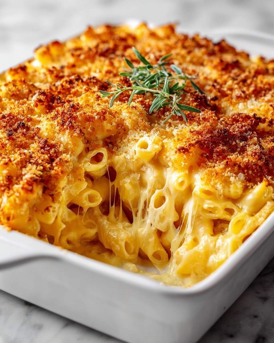 This image shows a close-up of creamy baked macaroni and cheese in a white casserole dish. The top layer is golden brown with a crispy texture made of toasted breadcrumbs and melted cheese. Beneath the crust, there are several layers of soft, tubular pasta coated in thick, gooey cheese sauce that stretches in strings as a scoop is taken out from the center. The pasta is light yellow and smooth, contrasting with the crunchy topping. A small green herb garnish sits on top adding a fresh touch. The dish is placed on a white marbled surface. photo taken with an iphone --ar 4:5 --v 7
