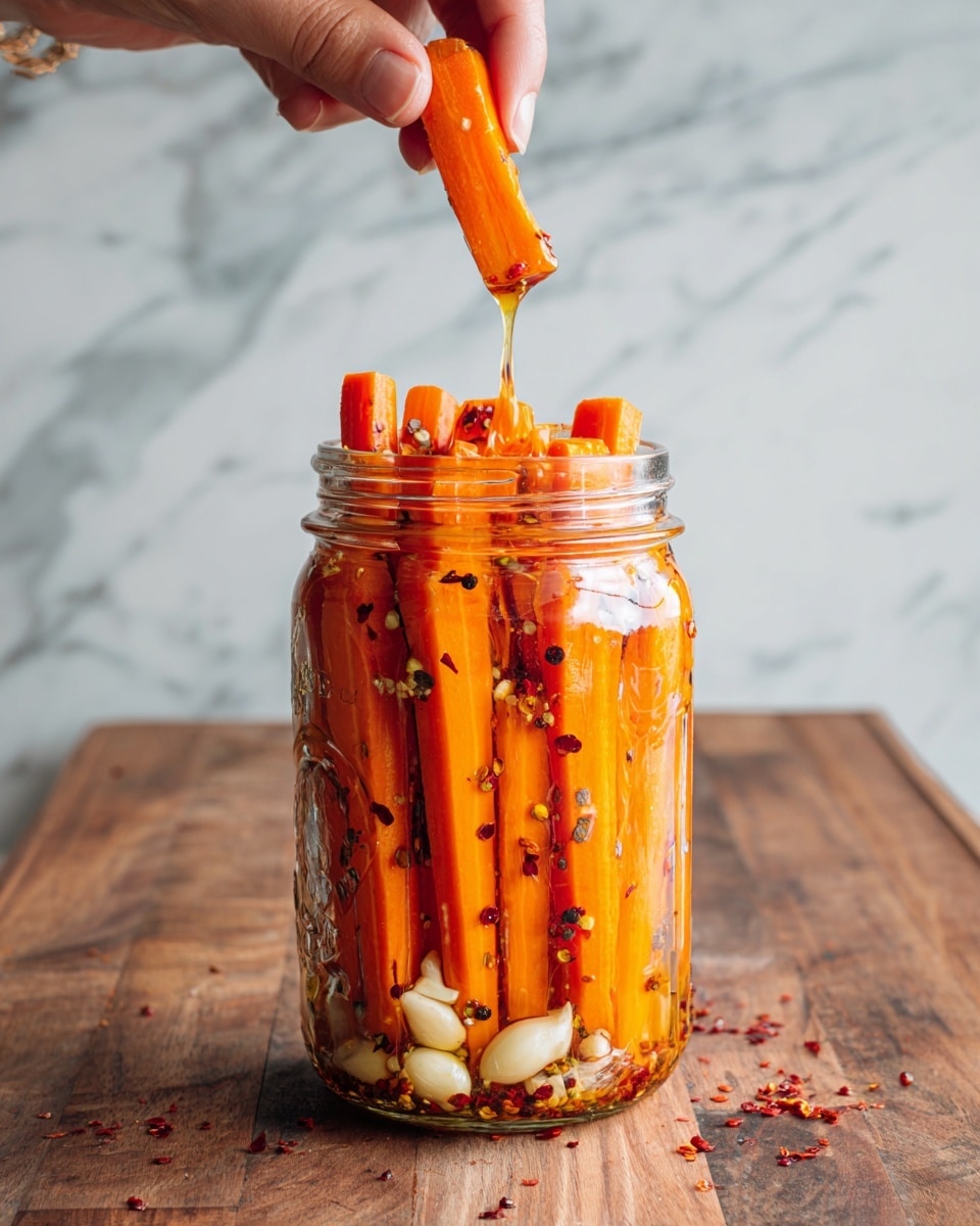 A glass jar is filled with bright orange carrot sticks coated in a glossy, oily mixture with visible red chili flakes and black peppercorns. Whole garlic cloves are scattered among the carrots near the bottom and middle of the jar. A woman's hand is holding one carrot stick above the jar, with some oil dripping from it. The jar is placed on a wooden surface with a white marbled texture in the background. Photo taken with an iphone --ar 4:5 --v 7