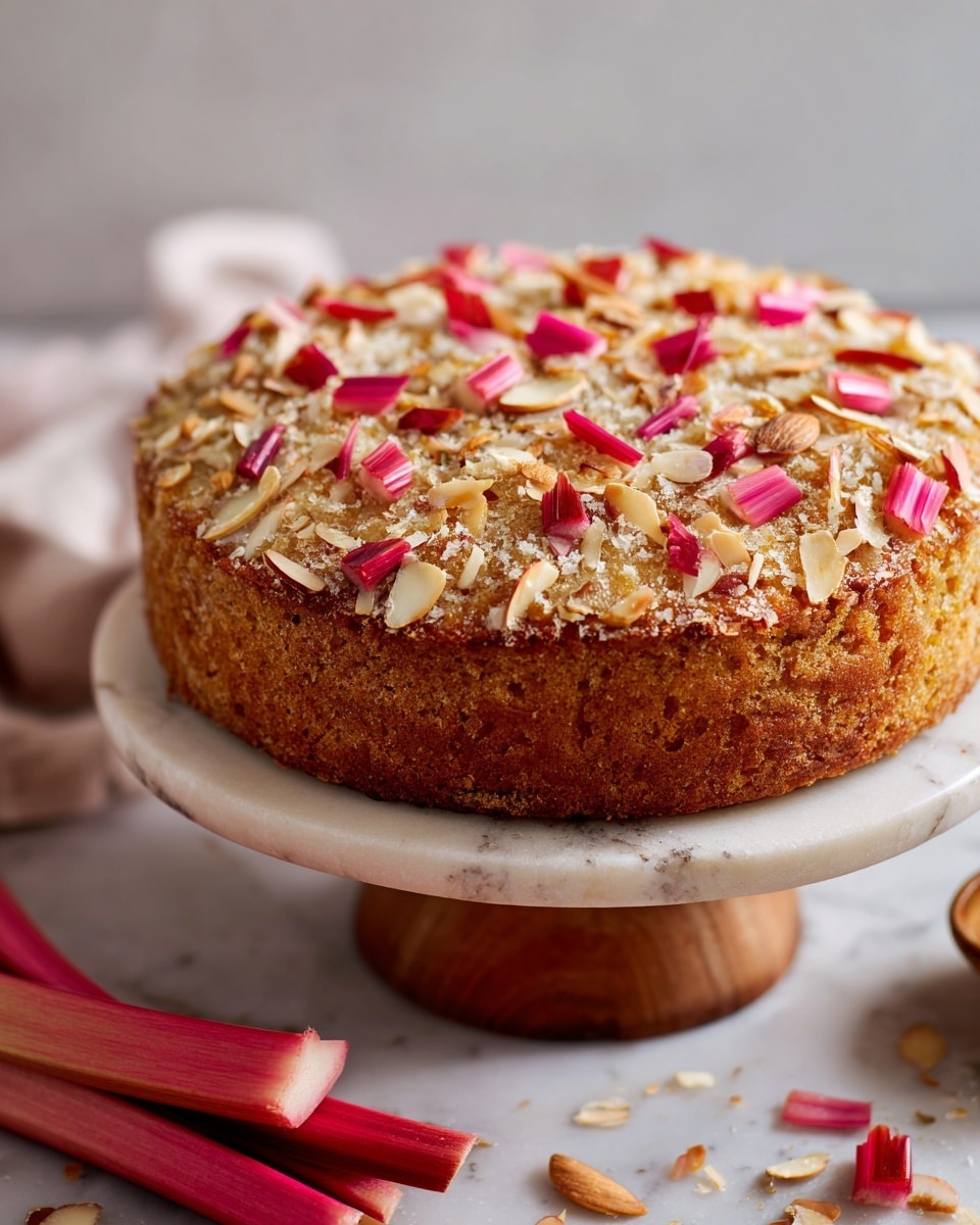 The image shows a thick round cake with a golden brown crust and a textured top layer scattered with thin slices of red and pink rhubarb pieces and light beige almond flakes. The cake sits on a wooden cake stand, on a white marbled surface with some pink rhubarb stalks beside it. The surface and background are clean and simple, highlighting the natural colors and textures of the cake. The overall look is rustic and fresh. photo taken with an iphone --ar 4:5 --v 7