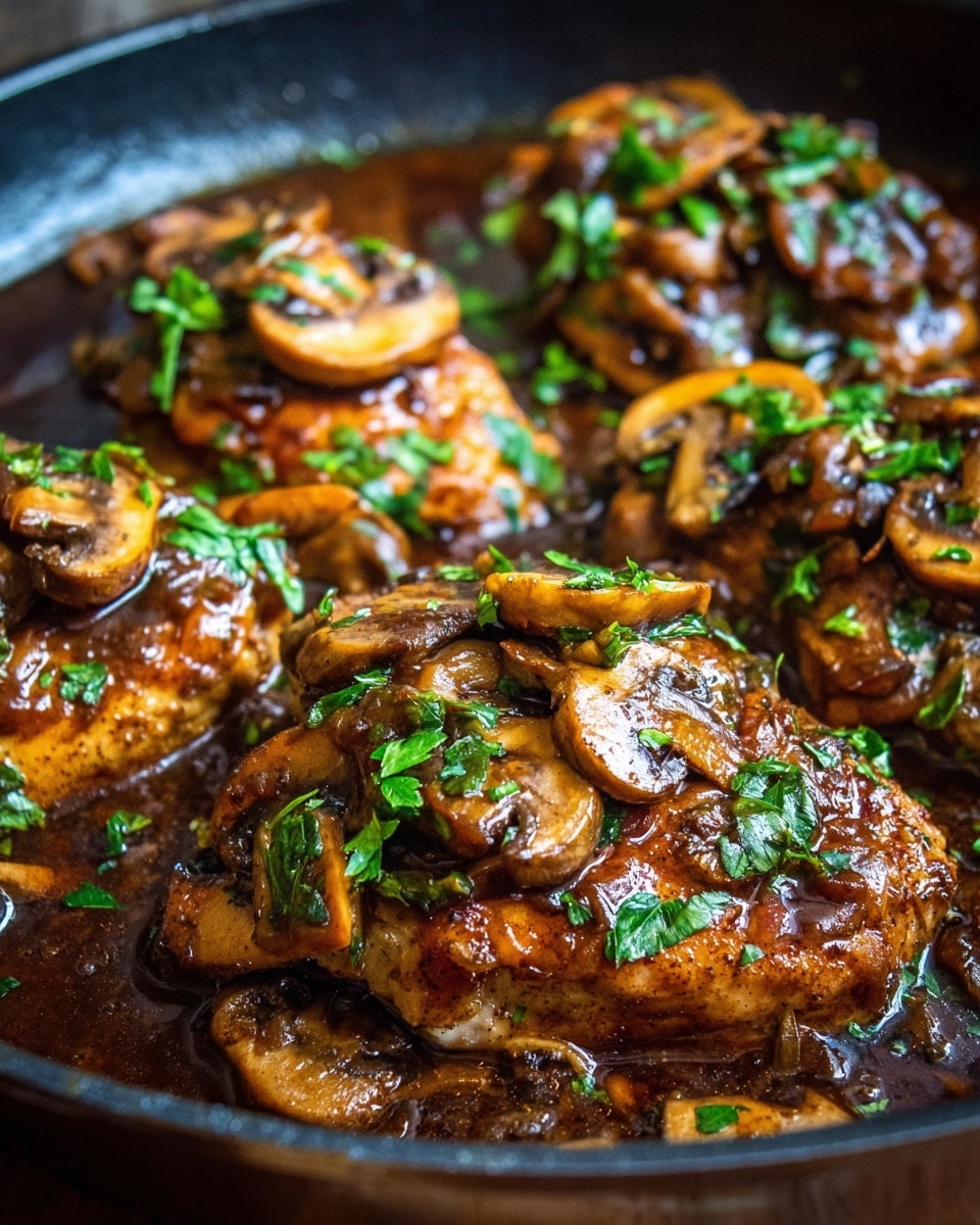 The image shows a close-up of a cooked dish in a black pan, filled with thick pieces of chicken covered in a rich, dark brown sauce. The chicken is topped with sautéed mushrooms that are light to medium brown with a soft, slightly shiny texture. Fresh green herbs, possibly parsley, are sprinkled over the top, adding a pop of color. The dish looks juicy and flavorful, with the sauce surrounding the chicken and mushrooms, creating a glossy, textured surface. Photo taken with an iphone --ar 4:5 --v 7