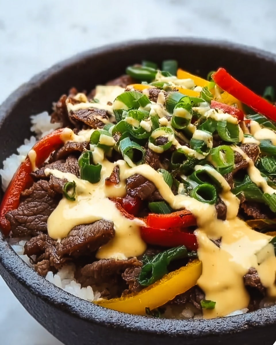 The dish is served in a white bowl filled with a base layer of white rice, topped with multiple layers of colorful cooked vegetables including red, yellow, and green bell peppers, and some chopped green onions. On top of the vegetables is a layer of browned, cooked beef pieces. The beef and vegetables are generously drizzled with a creamy, light orange sauce. The background is a white marbled texture. photo taken with an iphone --ar 4:5 --v 7