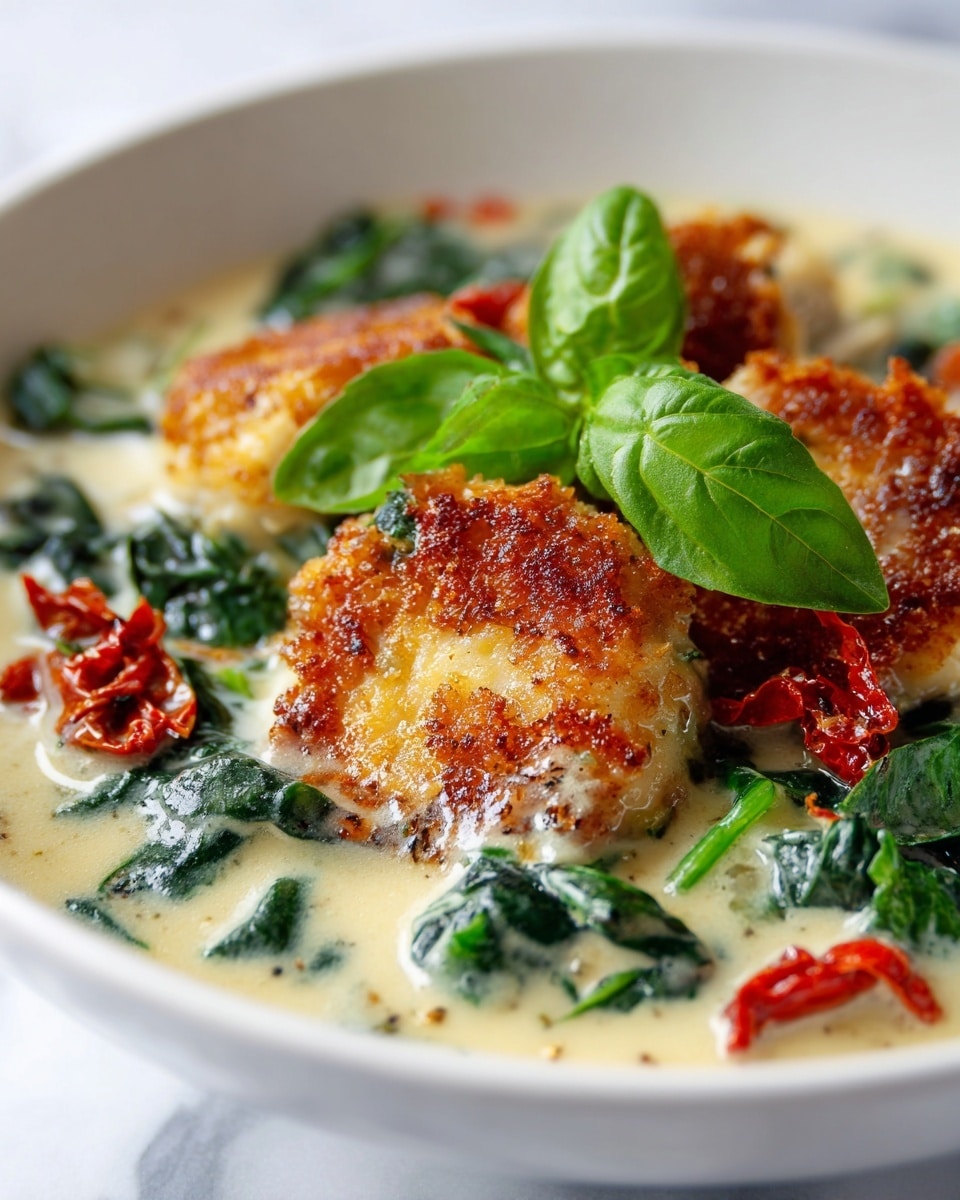 A close-up of three golden brown, crispy chicken breasts sitting in a creamy white sauce with green herbs and bits of sun-dried tomatoes. The chicken has a slightly browned crust with visible black pepper and red spice scattered on top. Fresh green basil leaves sit on top of the chicken as garnish. The dish is served in a white shallow bowl on a white marbled surface. photo taken with an iphone --ar 4:5 --v 7