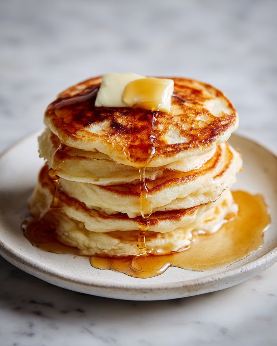 A stack of four thick, golden-brown pancakes sits on a white plate, each pancake showing a crispy, slightly uneven edge with a fluffy, soft inside. The top pancake has a small square of melting butter with honey dripping down the sides, adding a shiny glaze. The pancakes are set on a white marbled surface with a soft focus on a red and black cloth and a fork nearby. The colors highlight the warm tones of the pancakes contrasting gently with the cool, neutral plate. photo taken with an iphone --ar 4:5 --v 7