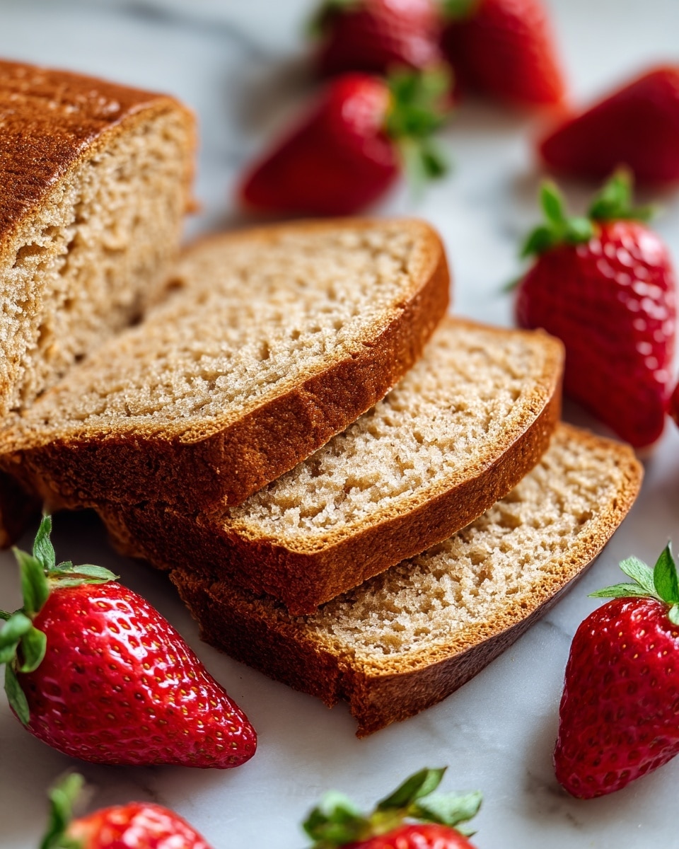 The image shows four slices of light brown, soft textured bread stacked on top of each other on a white marbled surface. The top slice is held by a woman's hand, showing its dense and moist inside texture. Around the bread slices, there are bright red strawberries with green leaves, some whole and some halved, adding a fresh and colorful contrast. The bread crust has a slightly darker, golden-brown color with visible cracks. photo taken with an iphone --ar 4:5 --v 7