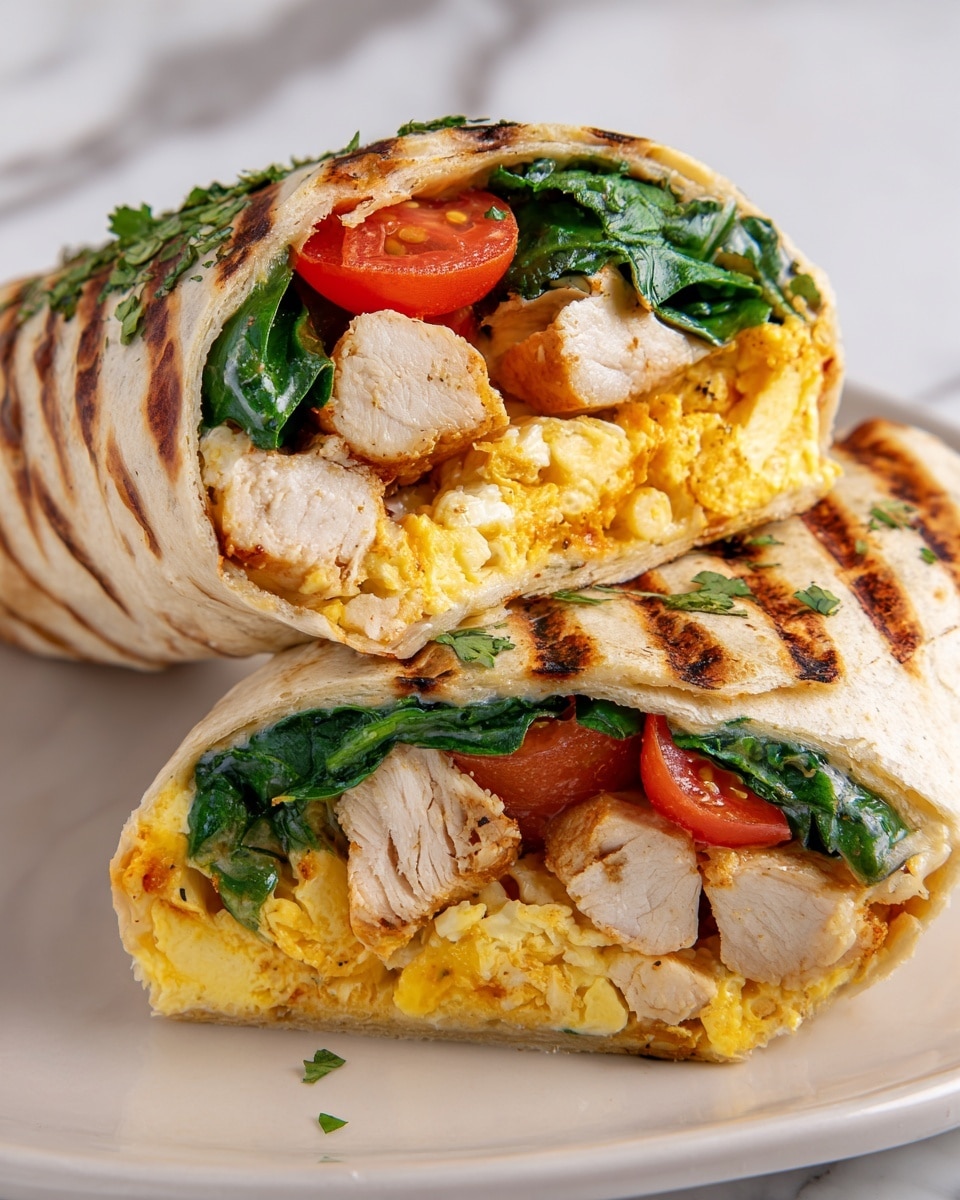 A grilled wrap cut in half is placed on a white plate, showing multiple layers inside. The wrap's outer layer is a lightly browned tortilla with grill marks and sprinkled herbs. Inside, the first visible layer is fresh green spinach leaves, followed by pieces of white grilled chicken with light char marks. There are chunks of bright yellow scrambled eggs and slices of ripe red tomato alongside the chicken and spinach. In the background, more fresh spinach and halved cherry tomatoes rest on the white marbled surface. Photo taken with an iphone --ar 4:5 --v 7