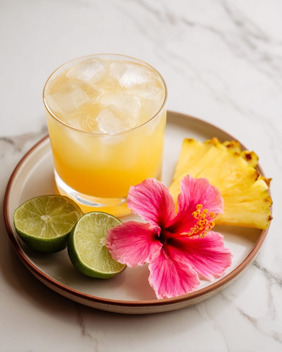 A small transparent glass filled with light yellow-orange juice and several large clear ice cubes sits in the center of a white plate with a brown rim. On the right side of the glass, two thin, bright yellow pineapple slices with textured skin edge are placed flat, topped with a vibrant pink hibiscus flower with visible petals and yellow stamens. On the left side of the glass, two halves of a fresh lime showing their bright green, juicy interior lie flat. The plate rests on a white marbled surface. Photo taken with an iphone --ar 4:5 --v 7