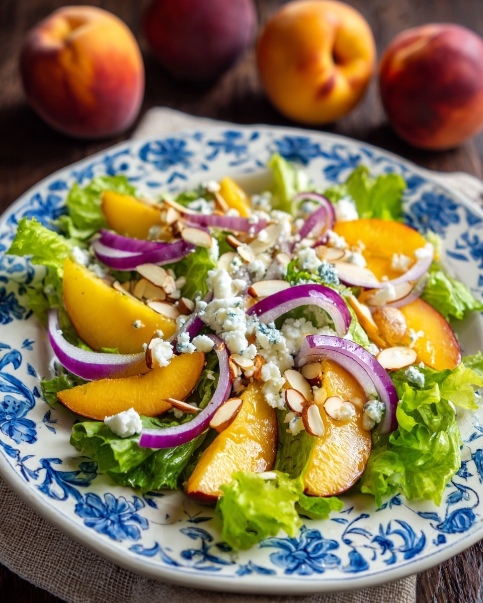 A fresh salad served on a white plate with blue patterns, placed on a white marbled surface. The salad has a base layer of bright green leafy lettuce, topped with thick slices of yellow-orange peach with red skin. Thin rings of purple onion are scattered over the peaches. Small white pieces of crumbly cheese are sprinkled around, mixed with whole brown almonds. A few small green herb leaves add extra color. The salad looks fresh and colorful with a mix of textures and colors. photo taken with an iphone --ar 4:5 --v 7