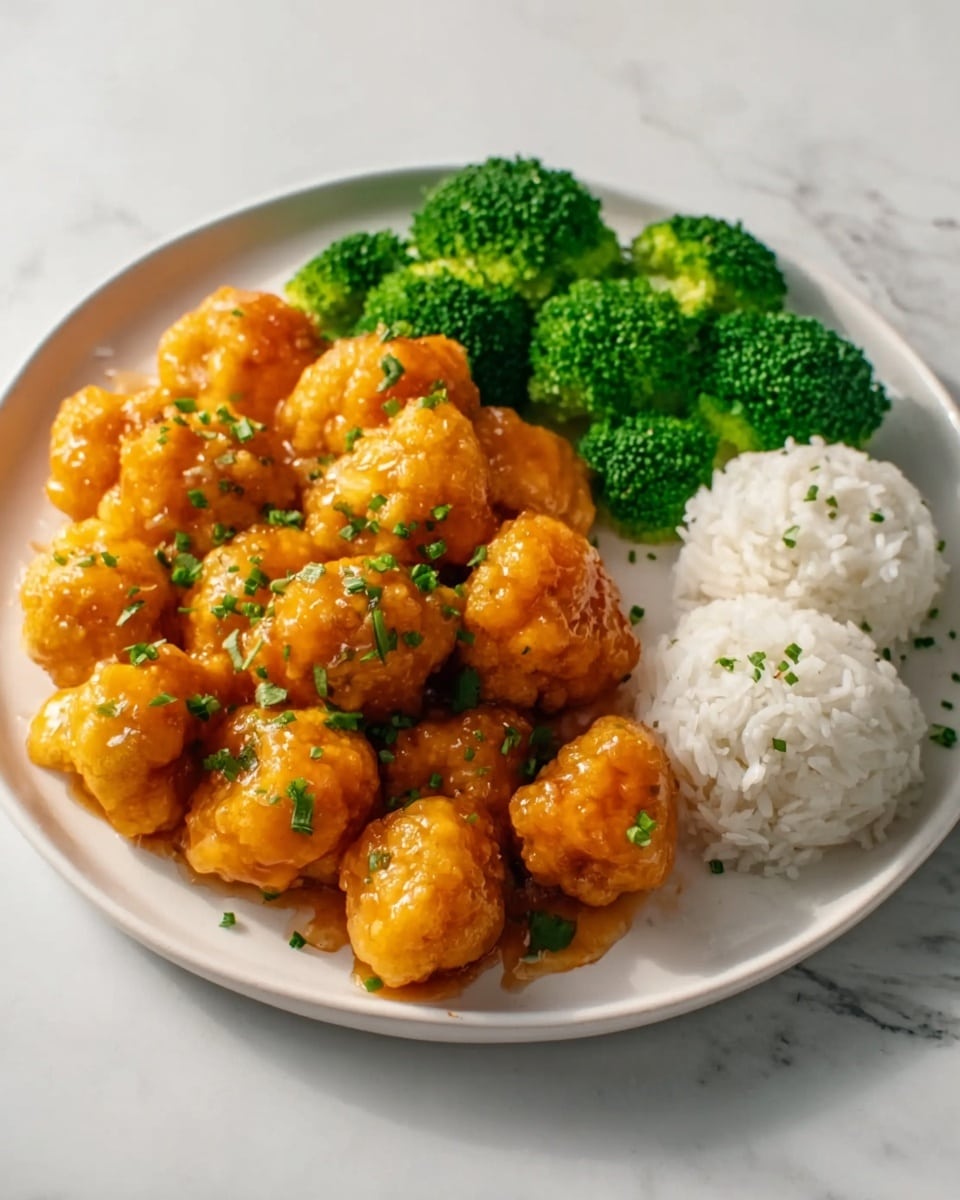 A white plate holds a serving of golden brown, crispy fried cauliflower pieces coated in a glossy orange sauce, arranged in the center. Bright green steamed broccoli florets are placed to the right, and a small mound of plain white rice sits beside the broccoli. The plate is set on a white marbled surface. photo taken with an iphone --ar 4:5 --v 7