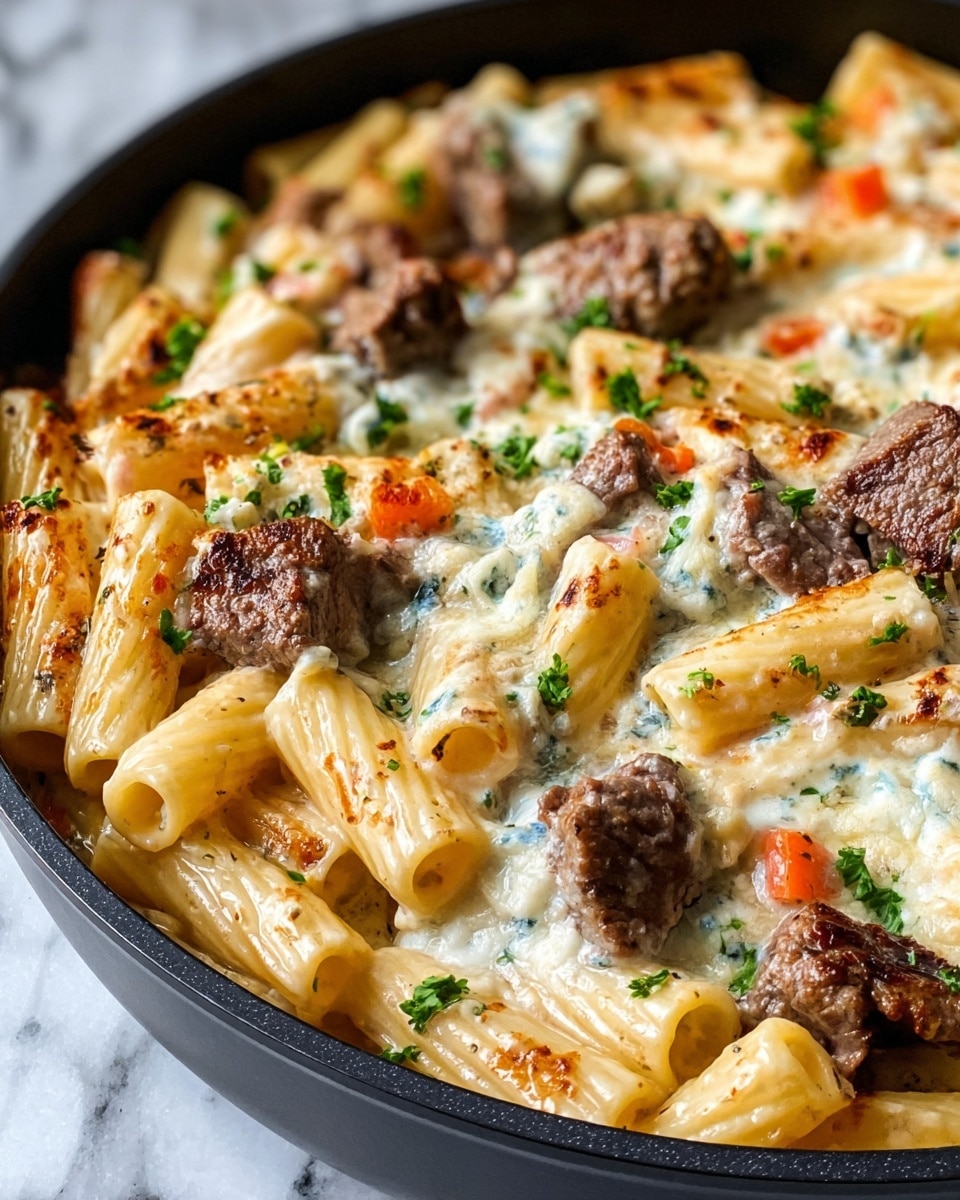 This close-up image shows a creamy pasta dish served in a black pan placed on a white marbled surface. The dish has three main layers: rigatoni pasta tubes in a pale yellow color, wedges of browned, juicy steak scattered throughout, and a thick, melted cheese sauce coating everything in a light cream color with some browned spots. Small bits of green parsley are sprinkled on top, adding contrast, along with tiny chunks of blue cheese and small pieces of orange bell pepper, giving pops of color and texture. The pasta looks tender and juicy with the sauce melting into the pasta and meat pieces. Photo taken with an iphone --ar 4:5 --v 7