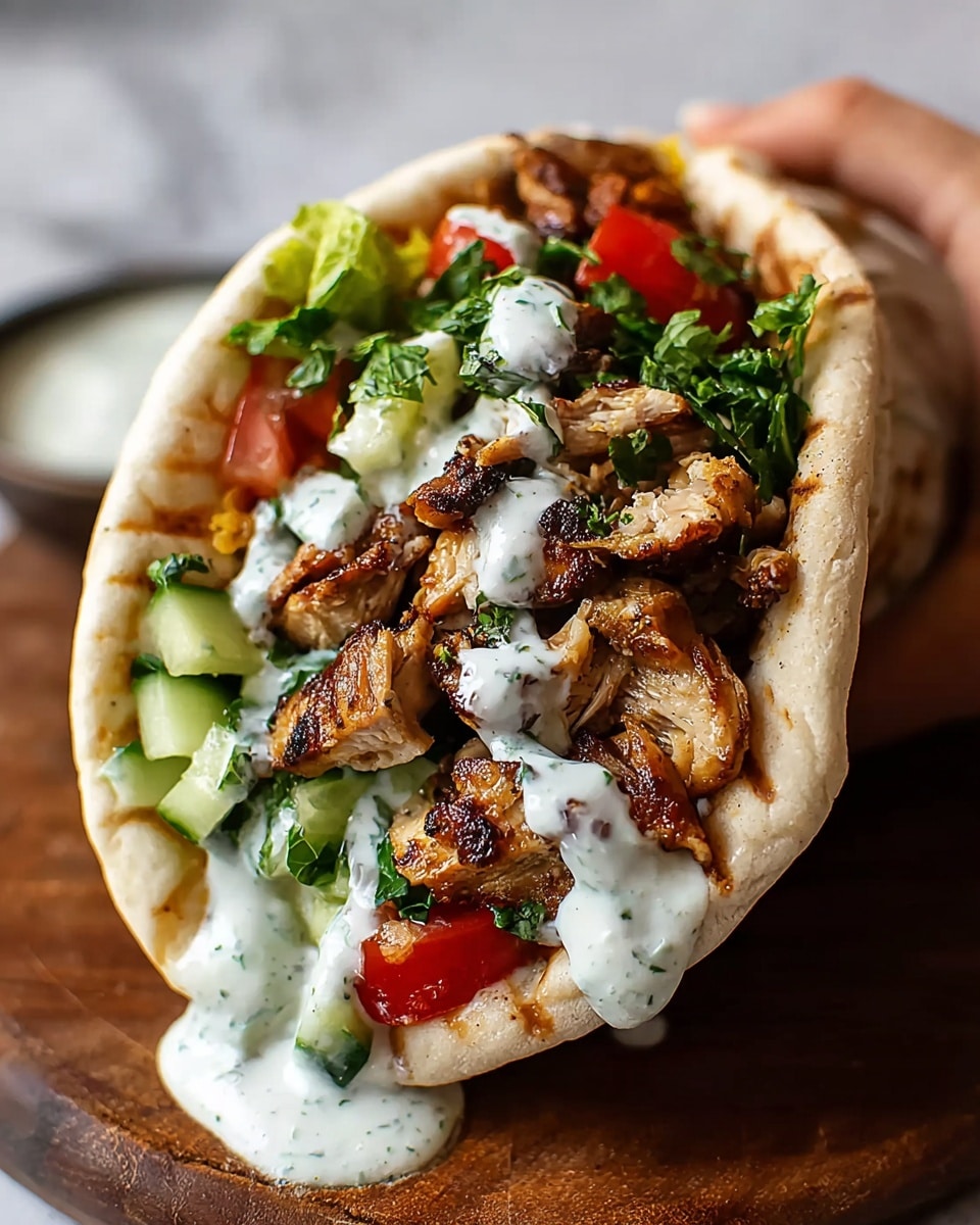 A pita bread wrap filled with three main layers sits on a wooden board over a white marbled texture. The bottom layer is bright green chopped fresh herbs and leafy greens. On top of this is a mix of diced red tomatoes and green cucumber pieces, adding fresh color and crunch. The top and main layer consists of golden-brown grilled chicken pieces, covered with creamy white sauce that drips down the side. There is a blurred woman's hand holding the wrap from the back. Photo taken with an iphone --ar 4:5 --v 7