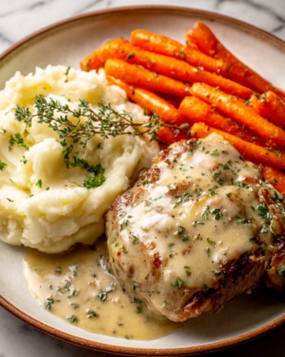 The image shows a white plate with three sections of food on a white marbled surface background: on the left, smooth white mashed potatoes topped with chopped green herbs and a sprig of thyme; in the center, a thick piece of roast meat covered with creamy, light beige gravy speckled with herbs; on the right, bright orange baby carrots with a shiny texture, arranged neatly in a small pile; the meal looks warm and rich with a mix of soft, creamy, and slightly glossy textures, photo taken with an iphone --ar 4:5 --v 7