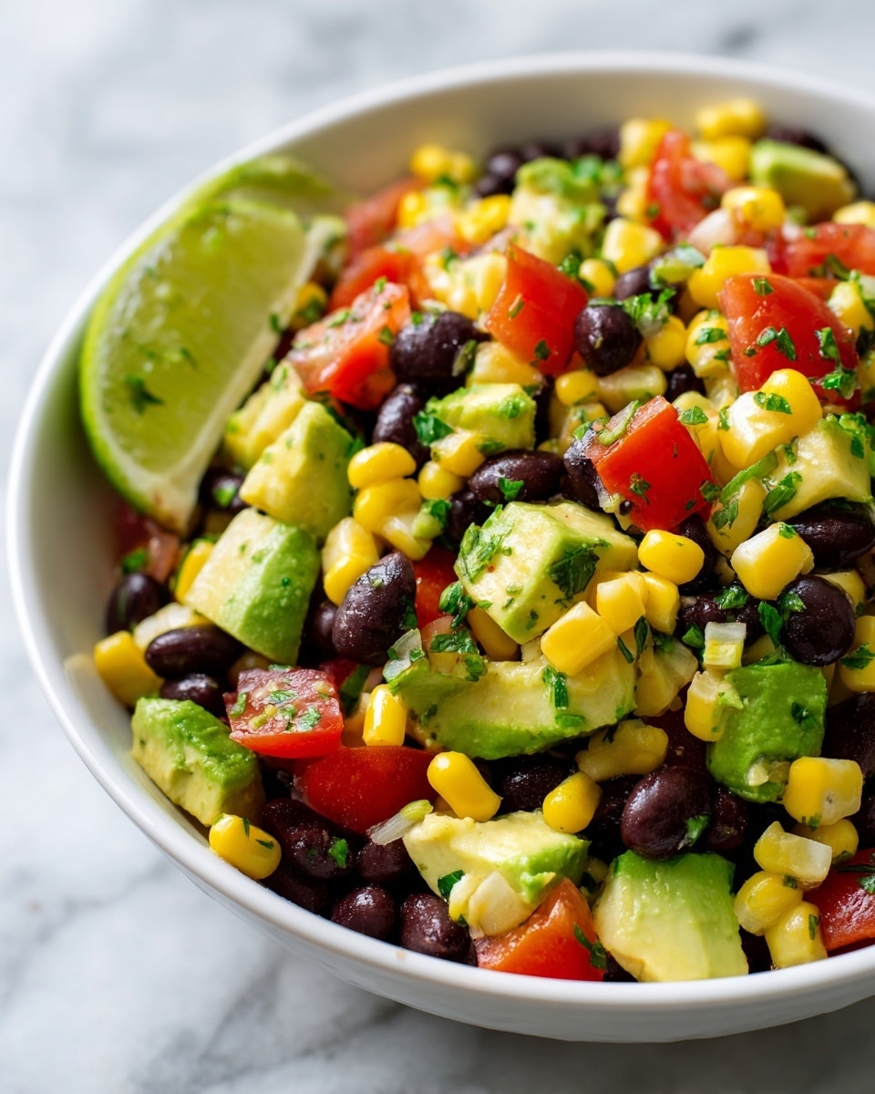A white bowl filled with a colorful salad showing three main layers: bright yellow corn kernels scattered throughout, dark purple kidney beans mixed evenly, and diced green avocado chunks adding a creamy texture. There are small red pieces of chopped tomatoes and green cilantro sprinkled on top, all mixed together to create a fresh and vibrant look. Part of a lime wedge is visible at the top edge of the bowl, giving a hint of zest. The bowl sits on a white marbled surface. Photo taken with an iphone --ar 4:5 --v 7