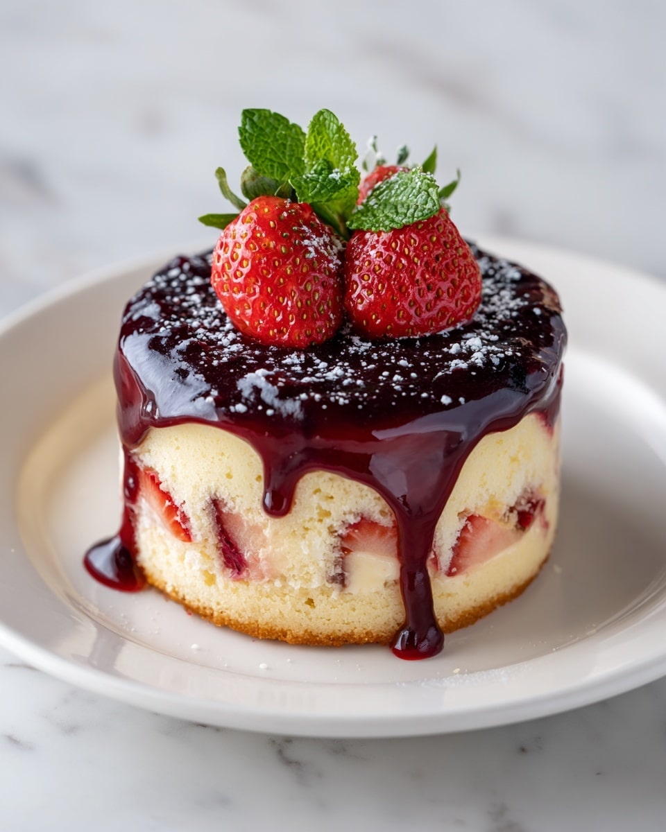 A round cake with a golden-brown crust is shown with a slice cut out, revealing a soft white inside filled with red strawberry pieces. On top of the cake is a thick layer of dark purple blueberry sauce that drips down the sides, and small chunks of strawberries sit on top along with a green mint leaf for garnish. The cake is placed on a white plate on a white marbled surface, with a whole strawberry and a sprig of mint beside it. Photo taken with an iphone --ar 4:5 --v 7