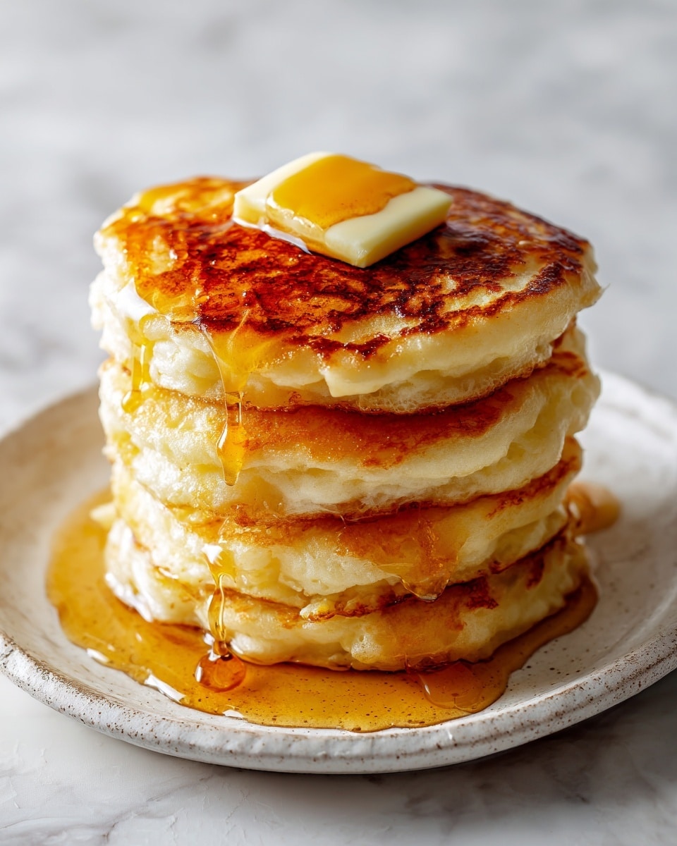 A stack of four thick, fluffy pancakes with a golden brown, slightly crispy surface sits in the center of a white plate with a rough edge. The pancakes show some lighter and darker browned spots, giving them a textured look. On the top pancake, a square of melting butter is placed slightly off-center, dripping slowly down the sides, while a drizzle of amber syrup flows down the stack and pools around the base. The dish is set against a white marbled texture background that softly reflects light, highlighting the warm colors of the pancakes and syrup. photo taken with an iphone --ar 4:5 --v 7