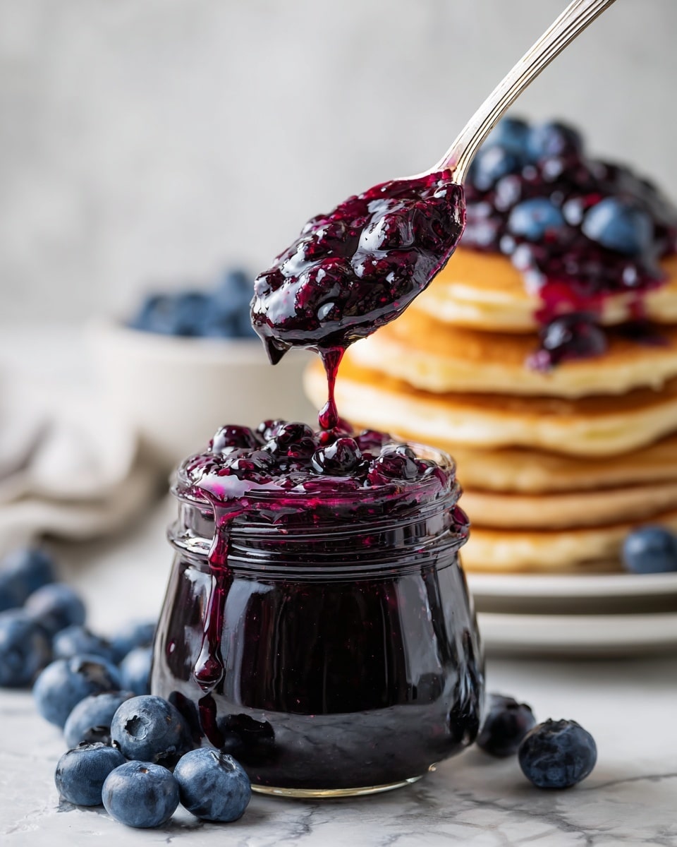 A close-up image of a spoon filled with thick, glossy dark purple blueberry jam with visible whole blueberries in it, being lifted out of a clear glass jar full of the same jam. The jar is placed on a white marbled surface with scattered fresh blueberries around it. In the background, there is a soft-focus white plate with a stack of light golden pancakes topped with more blueberry jam. A woman's hand holds the spoon. Photo taken with an iphone --ar 4:5 --v 7