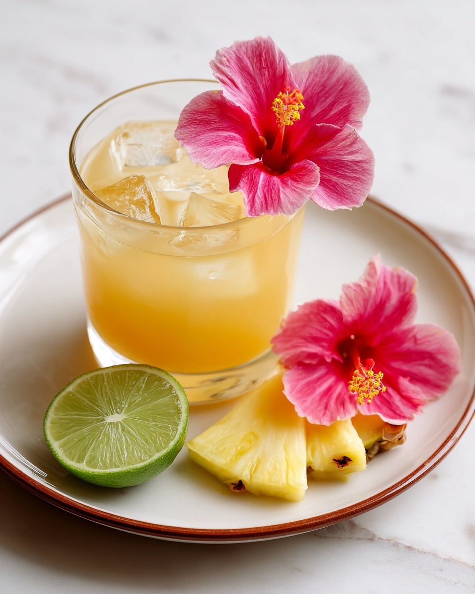A drink is served in a clear glass filled with large ice cubes and light yellow liquid. The glass sits on a white plate with a brown rim. On the plate, there are two green lime slices at the bottom left and two yellow pineapple slices at the top right, with a bright pink flower placed on the pineapple. The plate is on a white marbled surface. Photo taken with an iphone --ar 4:5 --v 7