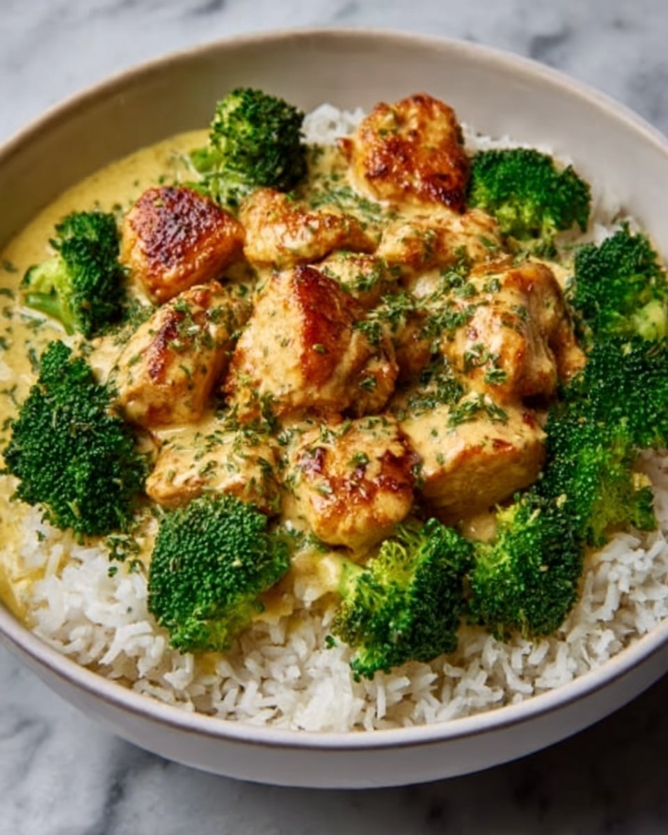 A white bowl filled with a base layer of white rice, topped with green broccoli florets evenly placed around the bowl. On top are pieces of golden-brown chicken coated in a creamy, light yellow sauce with some herbs sprinkled, adding texture and color contrast. The dish sits on a white marbled surface. Photo taken with an iphone --ar 4:5 --v 7