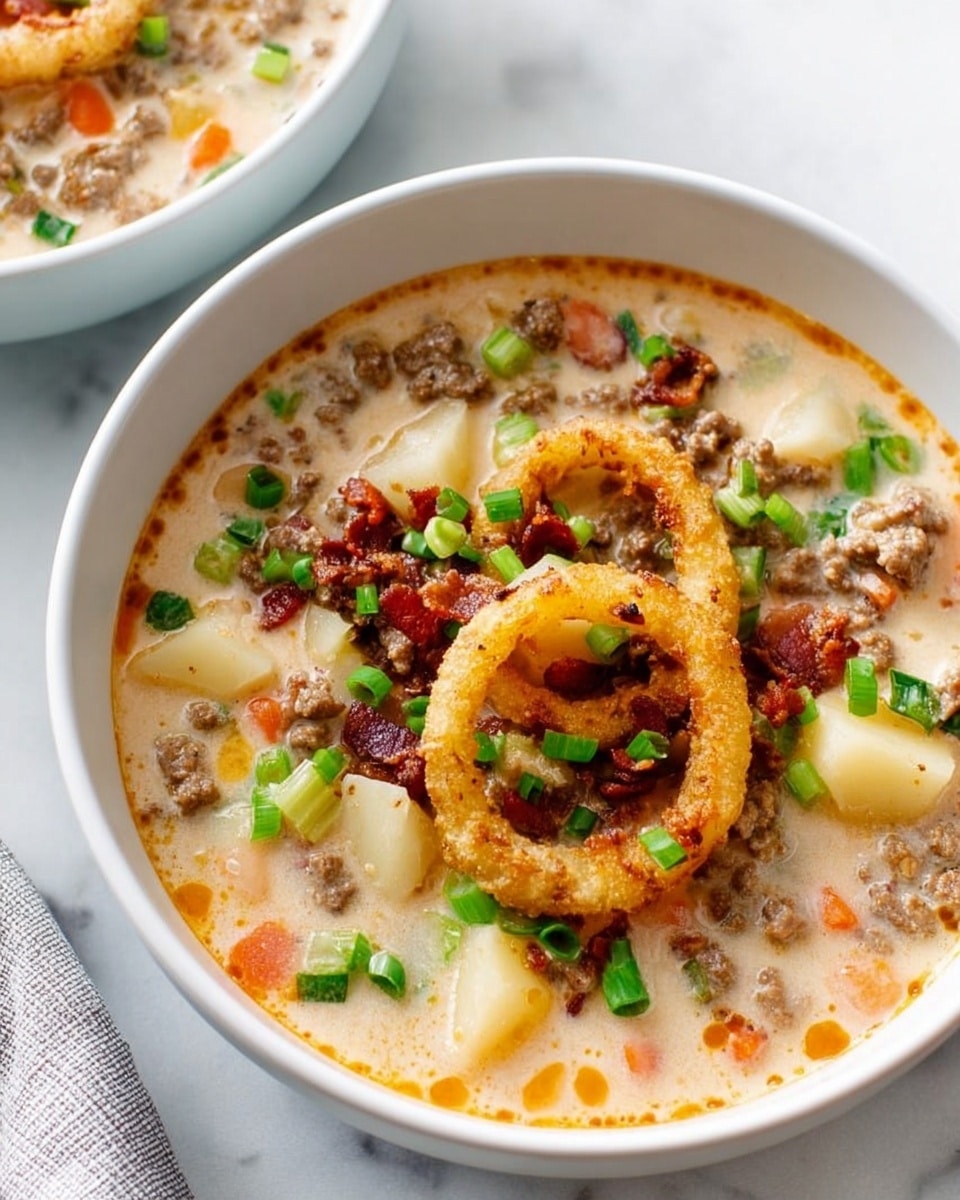 The image shows a white bowl filled with a creamy soup that has a mix of light beige broth and small chunks of browned ground meat and diced vegetables like potatoes and carrots scattered throughout. On top, there are two golden brown, crispy onion rings placed slightly overlapping near the center. Small pieces of dark crispy bacon and bright green sliced scallions are sprinkled over the soup, adding color and texture contrast. The bowl sits on a white marbled surface with another similar bowl partially visible in the background. photo taken with an iphone --ar 4:5 --v 7