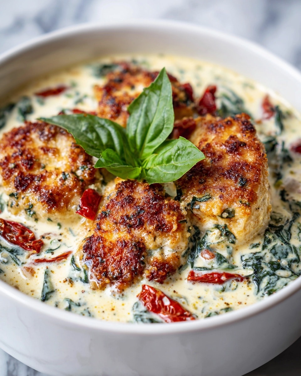 The image shows a close-up of a creamy dish in a white bowl filled with thick sauce scattered with green spinach leaves and small pieces of red sun-dried tomatoes. On top, there are three large, golden-brown crispy baked pieces of chicken or cheese with a slightly crunchy texture. In the middle of the dish, fresh green basil leaves add color and freshness. The background is a white marbled surface, softly blurred to keep the focus on the dish. Photo taken with an iphone --ar 4:5 --v 7