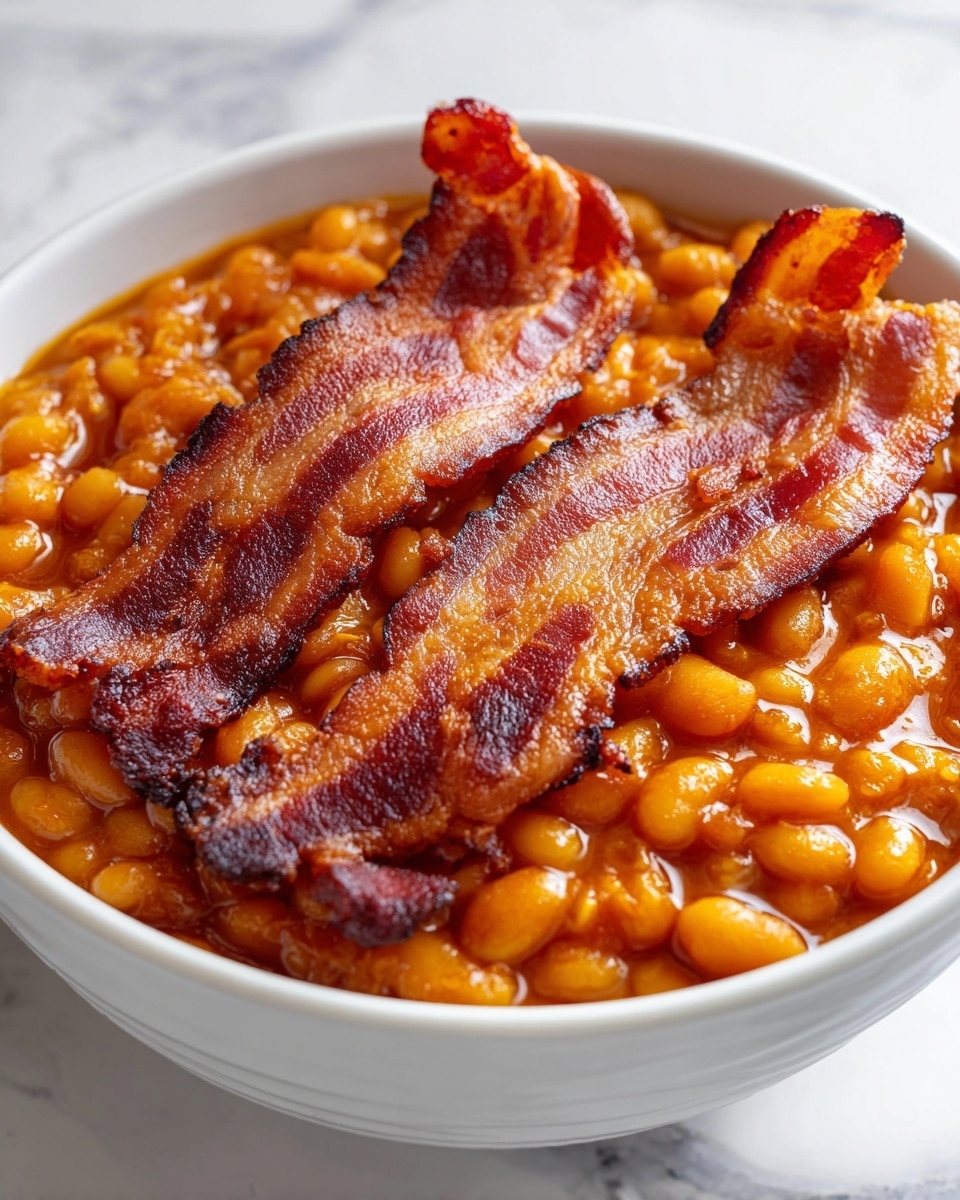 A white bowl filled with cooked baked beans in a thick, shiny, orange-brown sauce, topped with three strips of crispy, dark reddish-brown bacon that lie flat across the beans, showing a mix of crunchy and slightly charred textures. The bowl sits on a white marbled surface, with soft natural light highlighting the warm colors and glossy look of the dish. photo taken with an iphone --ar 4:5 --v 7