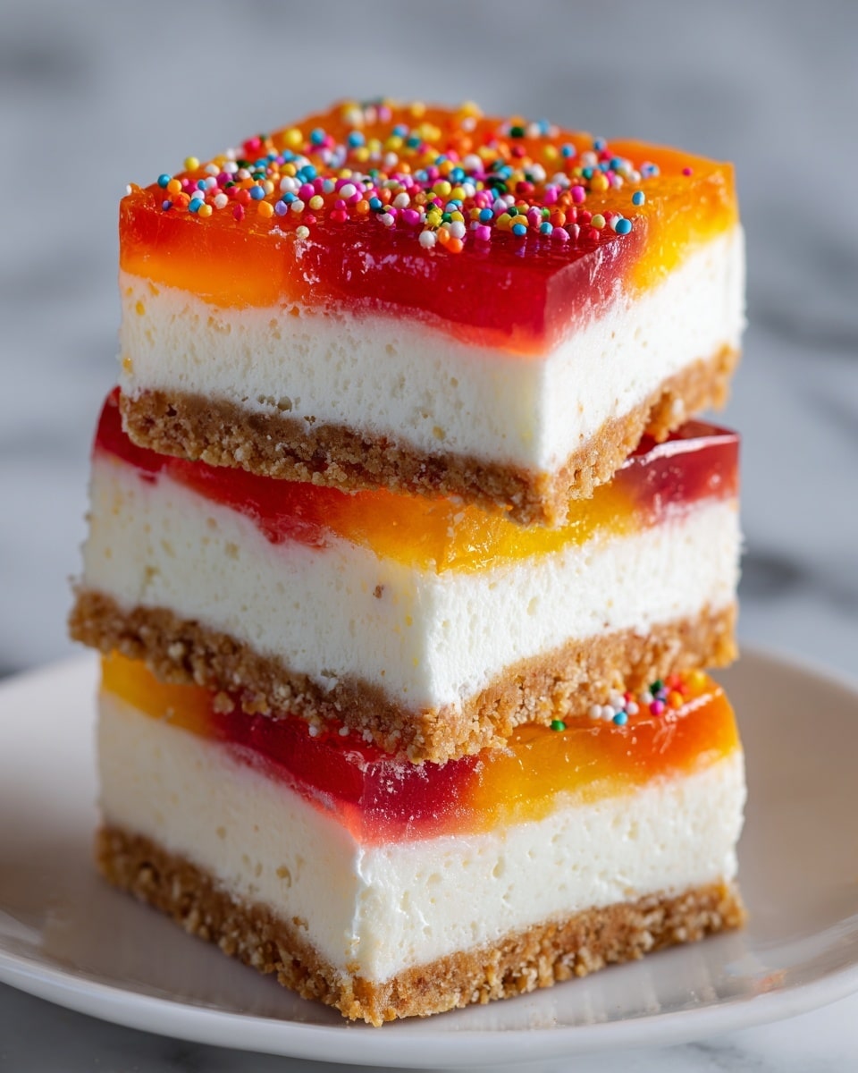 The image shows three square pieces of a layered dessert stacked on a white plate, sitting on a white marbled surface. Each piece has three layers: a bottom layer of crumbly brown crust, a thick middle layer of smooth white cream cheese, and a top layer made of a colorful jelly in shades of red and orange. The top is sprinkled with small, colorful candy sprinkles, adding texture and brightness. The jelly looks shiny and slightly translucent. Photo taken with an iphone --ar 4:5 --v 7