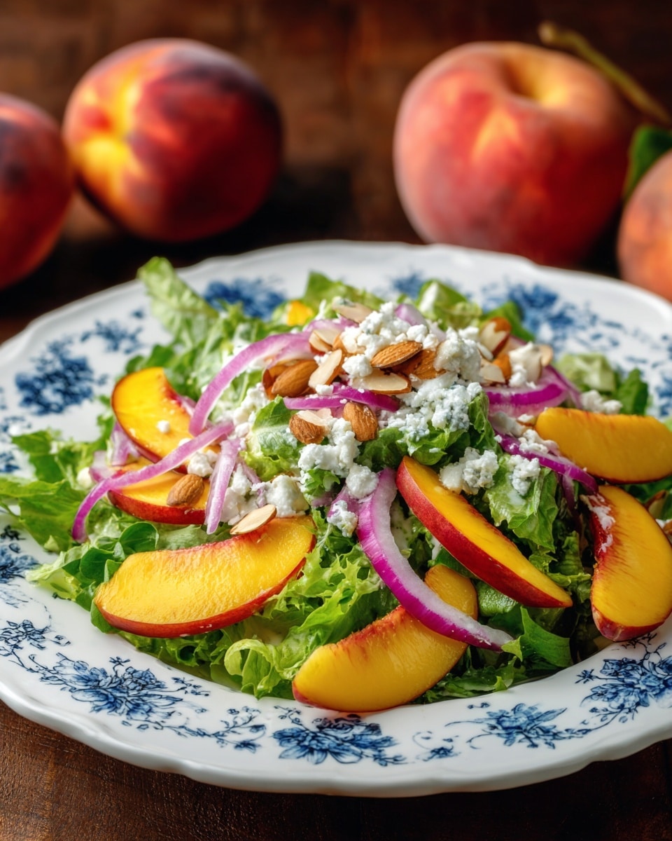 A white plate with blue floral patterns holds a fresh salad with three main layers. The base layer consists of green leafy lettuce spread all around the plate. On top of the lettuce, thick slices of yellow and orange peaches are arranged evenly around the plate, along with thin rings of purple-red onion scattered over the peaches and greens. The top layer features small white crumbled cheese and whole light brown almonds sprinkled all over, giving the salad texture and color contrast. The plate sits on a dark wooden surface with two whole peaches blurred in the background. Photo taken with an iphone --ar 4:5 --v 7