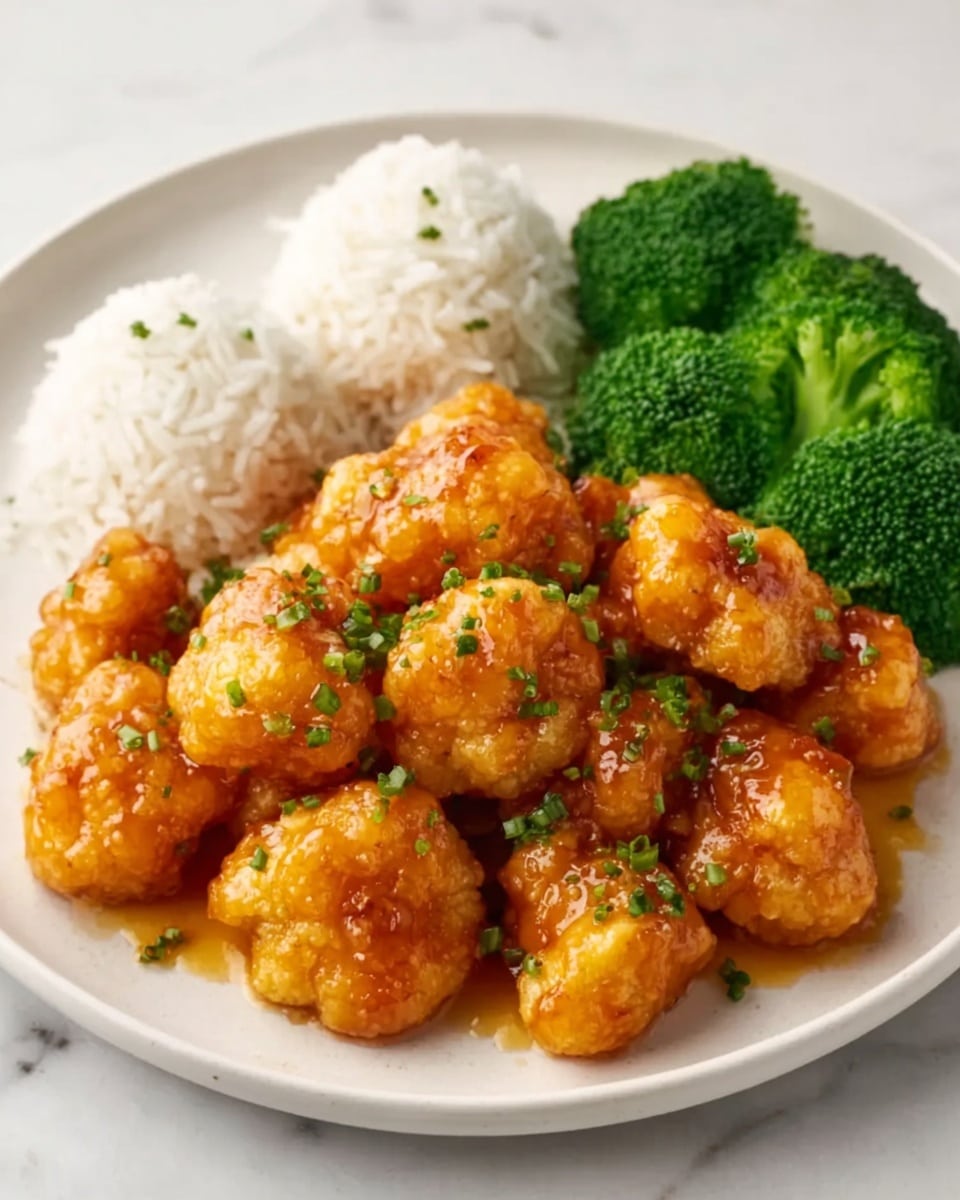 A white plate on a white marbled surface holds a serving of golden-brown battered cauliflower pieces coated in a glossy orange sauce, garnished with small green chopped herbs. To the right side of the plate, there are bright green broccoli florets arranged neatly beside a small mound of white steamed rice, forming three distinct sections on the plate. The photo has natural lighting that highlights the shiny sauce and fresh vegetables. Photo taken with an iphone --ar 4:5 --v 7