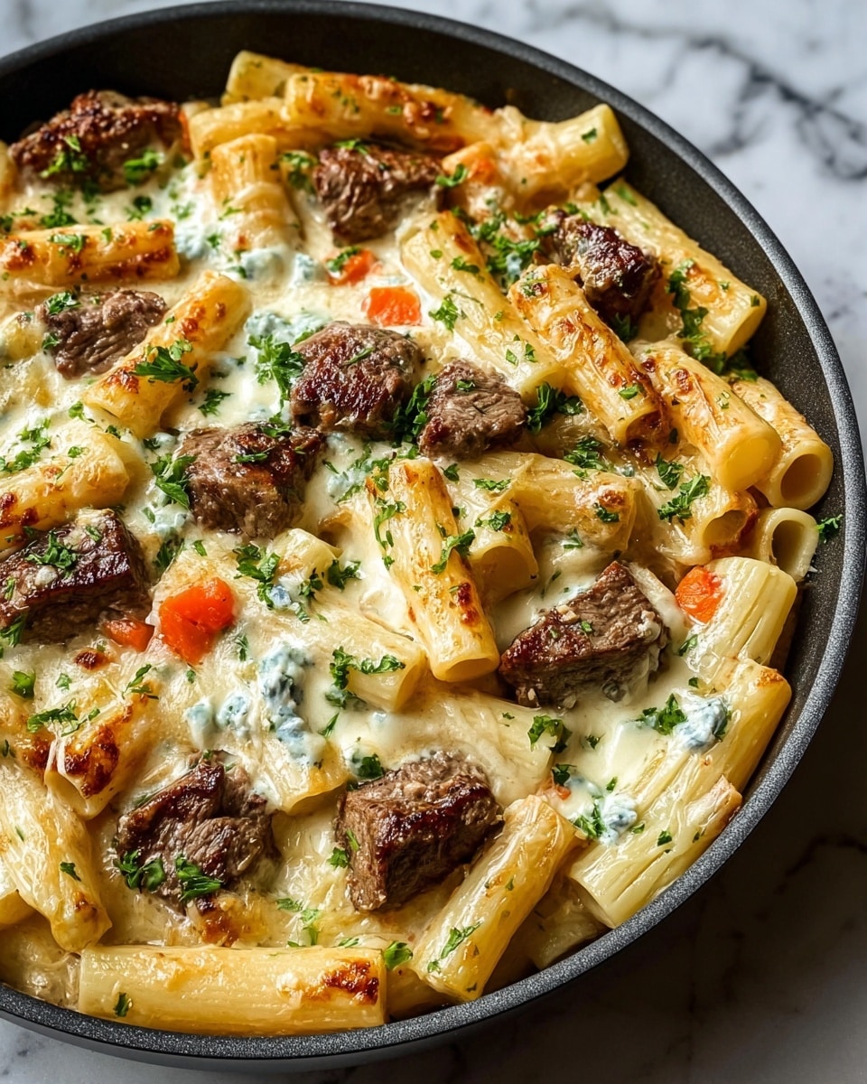 This image shows a close-up view of a creamy pasta dish in a black pan, set against a white marbled surface. The dish has three main layers: the bottom layer is rigatoni pasta, pale yellow with a slightly glossy texture. On top of the pasta, there are scattered pieces of browned beef chunks with a juicy, seared surface. The third layer is a rich, creamy white cheese sauce that fills the spaces between the pasta and meat, with small sprinkles of finely chopped green parsley and small orange carrot pieces for color contrast. The cheese sauce has some browned spots showing it was baked or broiled slightly. The overall look is warm and rich with textures of pasta, meat, cheese, and herbs clearly visible. Photo taken with an iphone --ar 4:5 --v 7