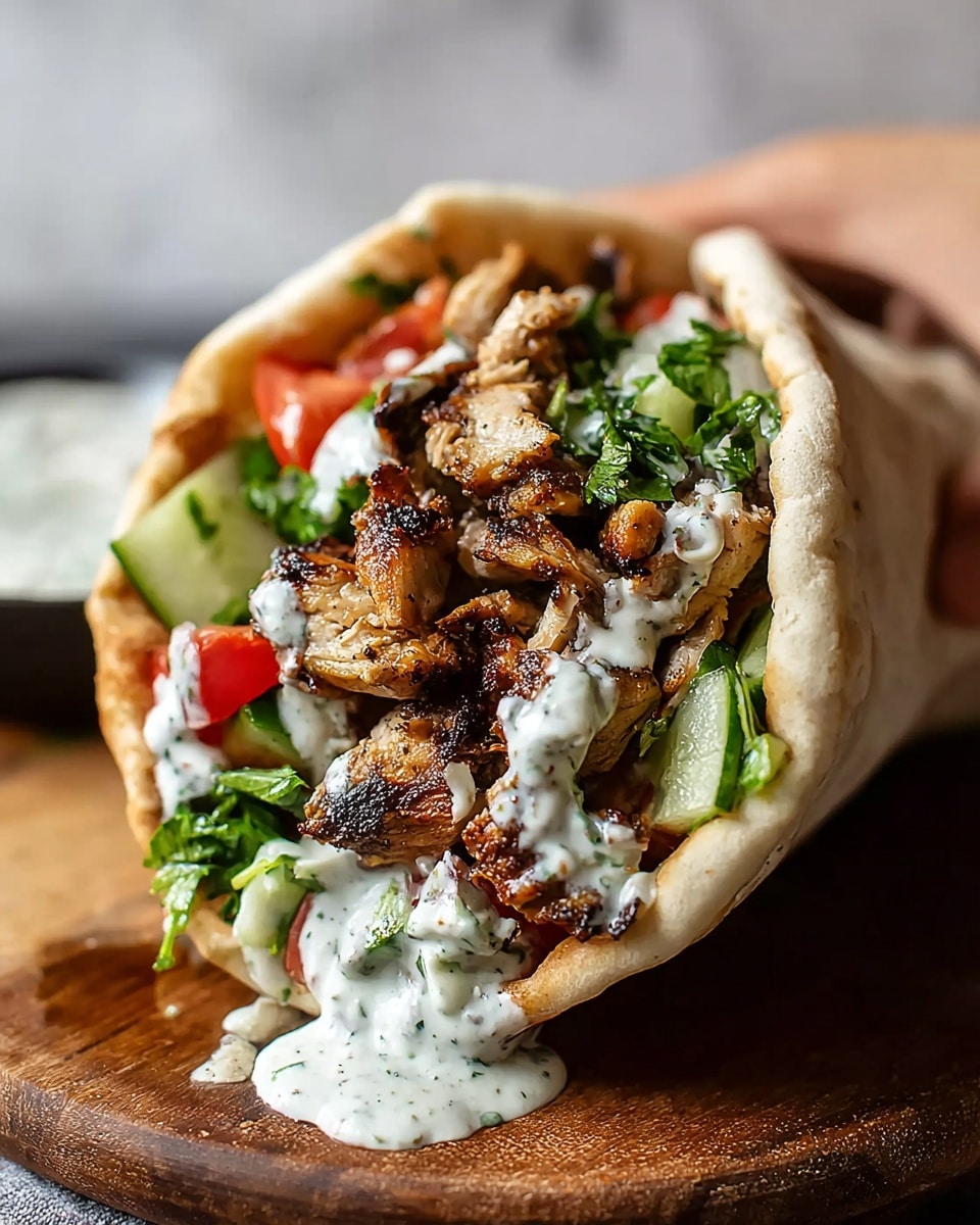 A close-up of a shawarma wrap held by a woman's hand, showing layers of grilled, browned chicken chunks on top, fresh green chopped parsley and cucumber slices beneath, and diced red tomatoes inside a soft, pale flatbread. The wrap is drizzled with a white, creamy sauce with green herbs, some of it dripping over the chicken onto a wooden board. The background is a white marbled texture out of focus. photo taken with an iphone --ar 4:5 --v 7