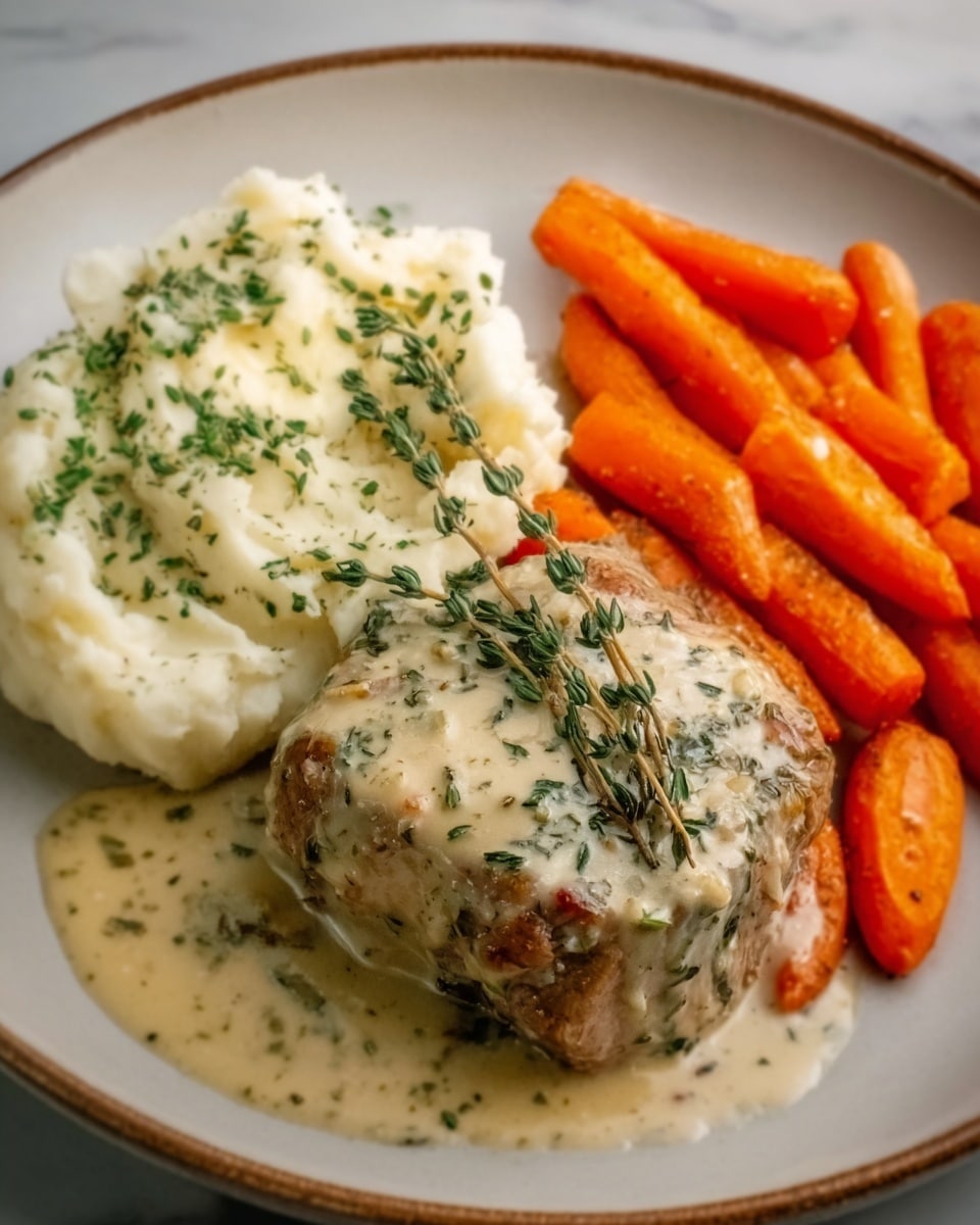 The image shows a white plate with three main layers: at the bottom, there are bright orange baby carrots with a smooth, shiny texture on the right side of the plate; next to them, creamy mashed potatoes with a slightly lumpy texture and sprinkled with small green herb leaves are placed on the left side; in front of the mashed potatoes, there are two small browned pork chops covered in light brown creamy gravy, with visible green herbs on top, adding texture and color contrast. The whole setup is on a white marbled surface, and the photo taken with an iphone --ar 4:5 --v 7