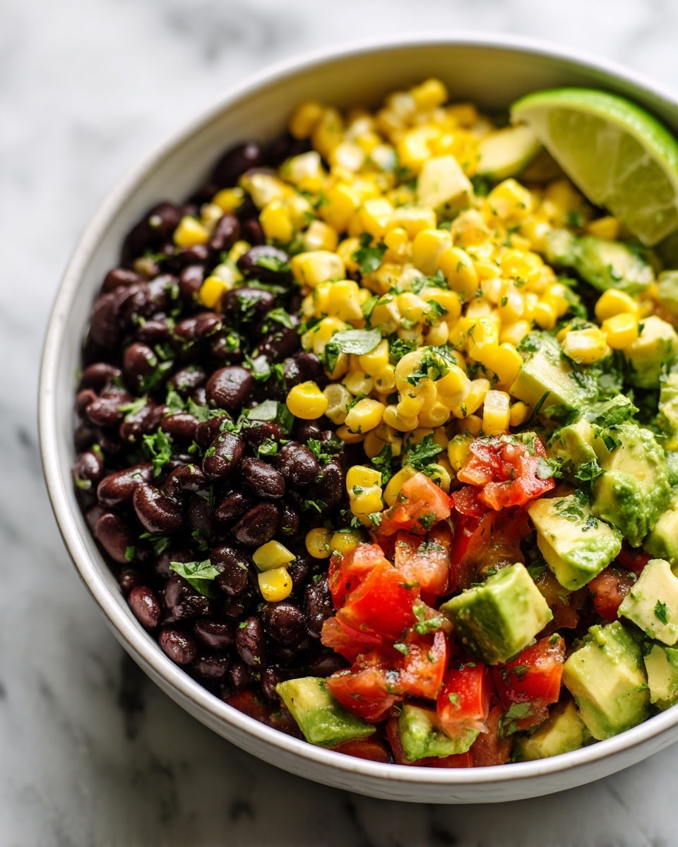 A close-up view of a white bowl filled with a colorful salad made of several visible layers. The base layer includes black beans with a shiny, smooth texture, mixed throughout the bowl. Bright yellow corn kernels are scattered evenly on top, adding small pops of vibrant color. There are chunks of green avocado with a soft and creamy texture, spread throughout the salad. Diced red tomatoes are present, adding a fresh and juicy element in small pieces. Finely chopped green herbs are sprinkled evenly above, enhancing the fresh look. Part of a lime wedge is visible resting on the side of the bowl against a white marbled surface. Photo taken with an iphone --ar 4:5 --v 7