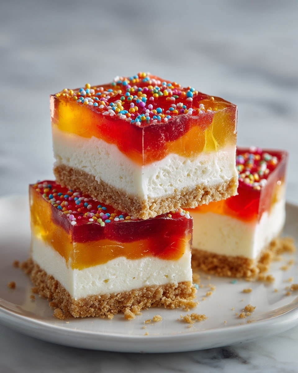 The image shows three square-shaped dessert bars stacked on a white plate with a crumbly brown base on the bottom layer. Above the base is a thick white creamy layer with a smooth and fluffy texture. On top, there is a shiny, colorful jelly layer with red, orange, and yellow sections, sprinkled with small, colorful round sprinkles. The background surface is white with a marbled texture. The natural light highlights the shiny jelly and creamy middle layer, making the dessert look fresh and inviting. photo taken with an iphone --ar 4:5 --v 7