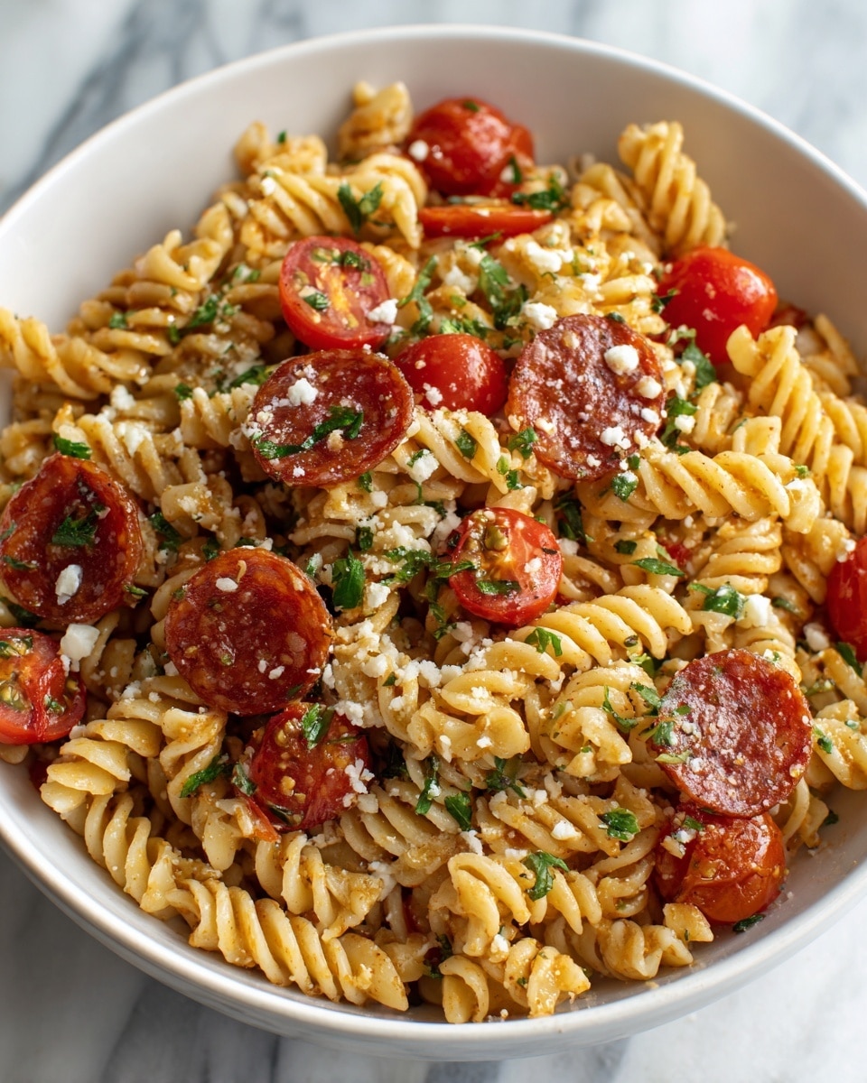 A white bowl filled with rotini pasta coated in a light red sauce, mixed with halved bright red cherry tomatoes and thin round slices of spicy pepperoni on top. The dish is garnished with fresh green herbs and small bits of grated cheese scattered evenly over the pasta and meat, creating a colorful and rich texture. The pasta looks soft and slightly glossy, while the pepperoni slices have a slight crisp around the edges. The white marbled background adds a clean, bright look to the image. Photo taken with an iphone --ar 4:5 --v 7