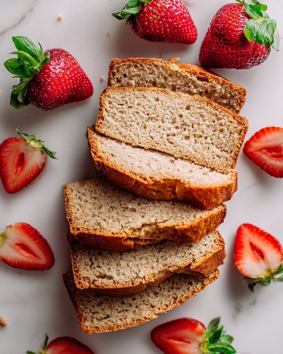 The image shows several pieces of light brown baked bread with a soft, moist texture inside and a slightly crispy crust on the outside, stacked neatly. Surrounding the bread slices are bright red strawberry halves with visible seeds and green leaves, scattered on a white marbled surface. The colors contrast well, with the warm tones of the bread against the vibrant red strawberries, creating an inviting and fresh look. photo taken with an iphone --ar 4:5 --v 7
