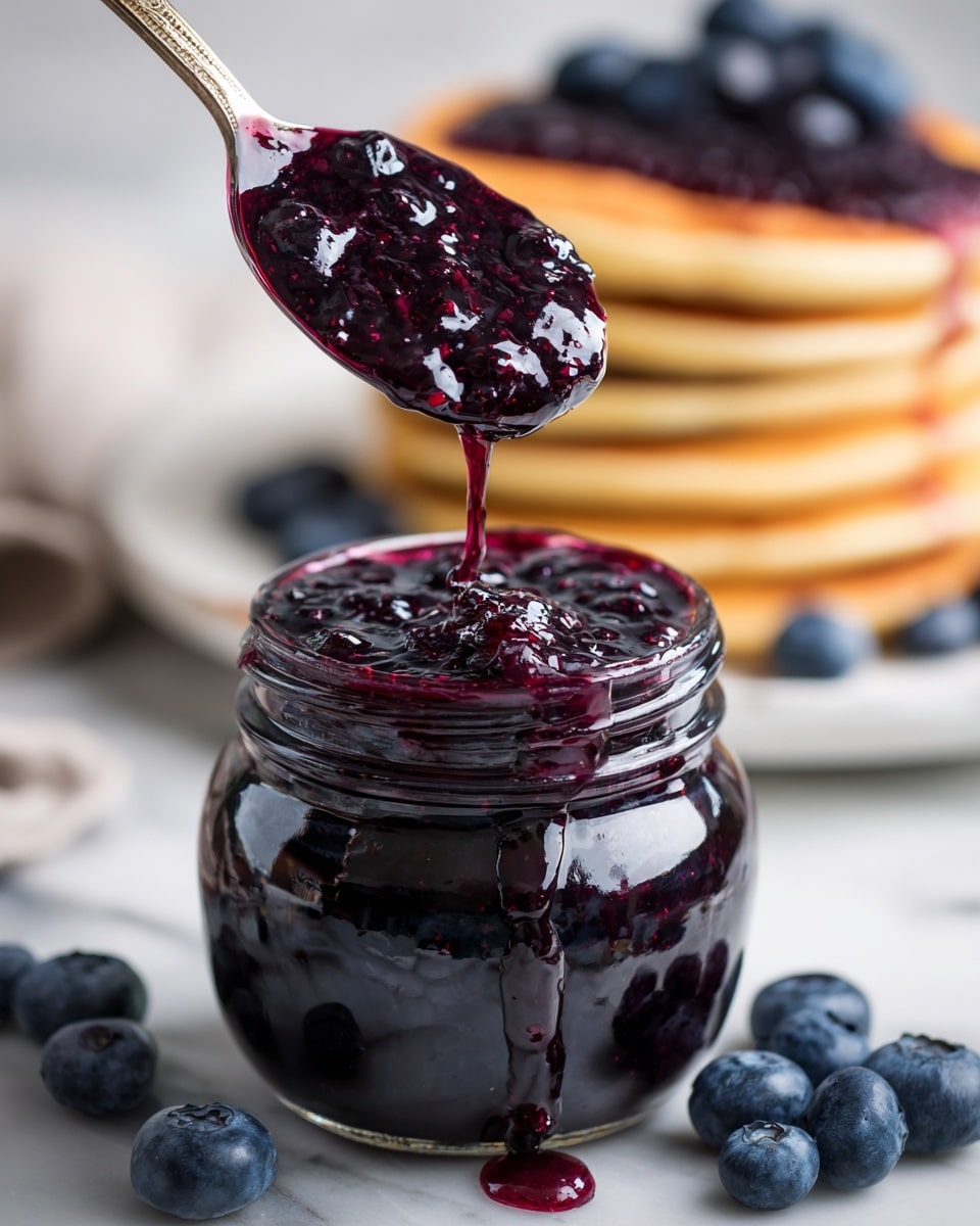 A glass jar filled with dark purple blueberry jam with visible whole blueberries and thick, glossy texture, a spoon lifting a generous scoop of the jam with a shiny, deep purple spread dripping slightly, in the blurred background there is a stack of light brown pancakes topped with jam on a white plate, fresh blueberries scattered around the jar, all set on a white marbled texture surface photo taken with an iphone --ar 4:5 --v 7
