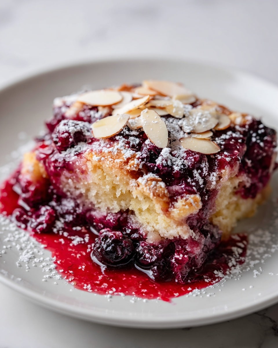 A close-up of a slice of berry crumble dessert on a white plate, showing three layers: the bottom layer is deep red and purple berry filling with a juicy, glossy texture, the middle layer is light golden, crumbly cake that looks soft, and the top layer is golden-brown crumble sprinkled with thin almond slices and dusted with white powdered sugar. Some powdered sugar is also scattered on the white marbled surface around the plate, photo taken with an iphone --ar 4:5 --v 7