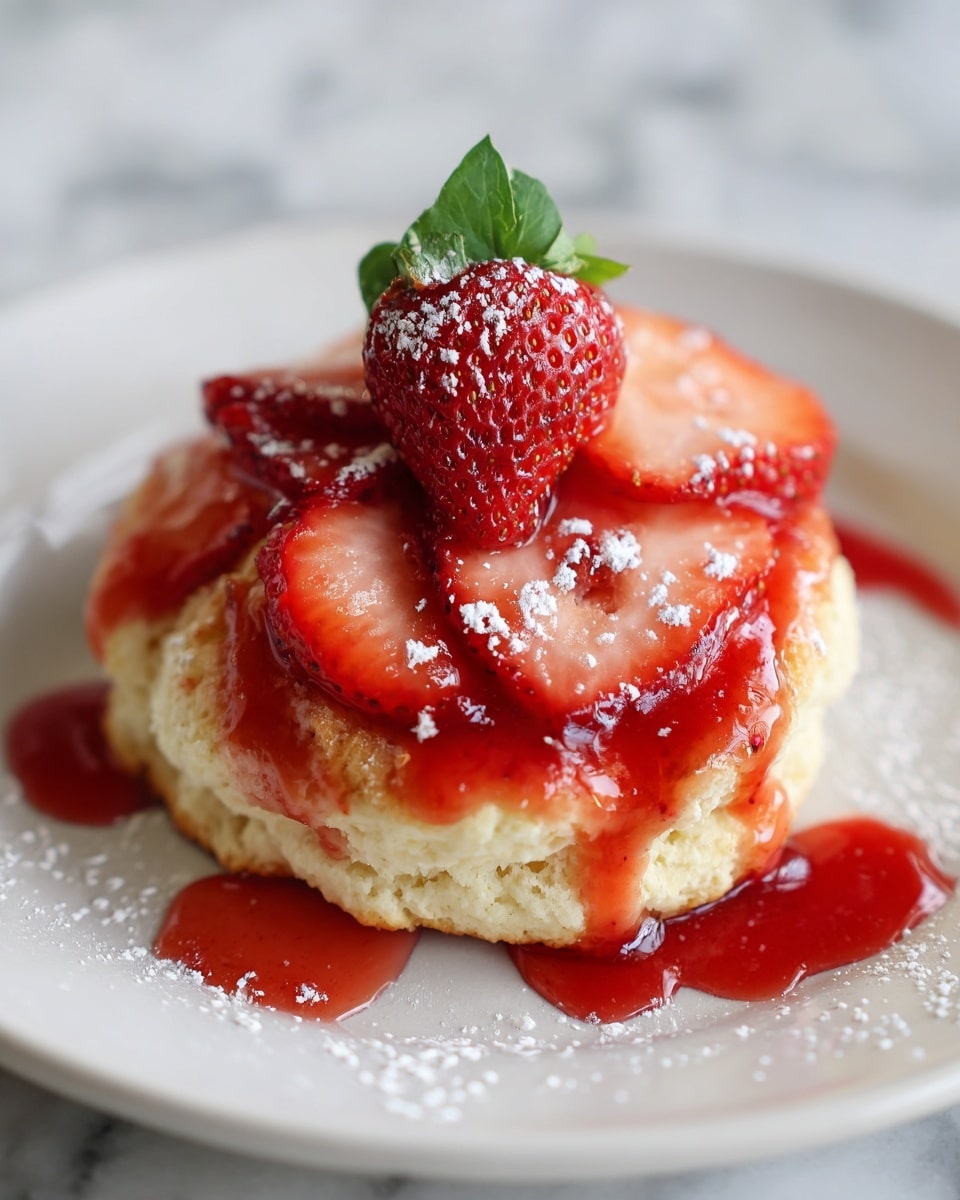 A close-up view of a dessert on a white plate placed on a white marbled surface. The dessert has one main layer of soft, fluffy, light beige cake with a crumbly texture. On top, there are many sliced fresh bright red strawberries arranged unevenly, some with green leaves visible. Over the strawberries and cake, there is a drizzle of glossy red strawberry sauce, and a light dusting of white powdered sugar is scattered on top and around the dessert on the plate. The photo is taken from a slightly low angle and shows the dessert's juicy and soft details. Photo taken with an iphone --ar 4:5 --v 7