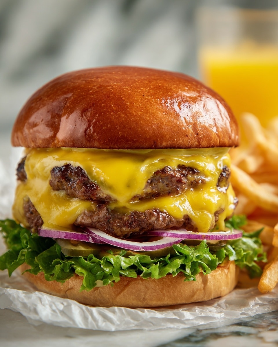 A cheeseburger with two thick beef patties covered in melted yellow cheese sits on a white bun with a shiny top. Below the patties is fresh green lettuce, and above are thin red onion slices, pickles, ketchup, and mustard visible under the bun's top. The burger is placed on white parchment paper, with golden crispy French fries next to it on the right. The background features a dark wooden surface with a glass of orange juice partially visible behind the burger. photo taken with an iphone --ar 4:5 --v 7