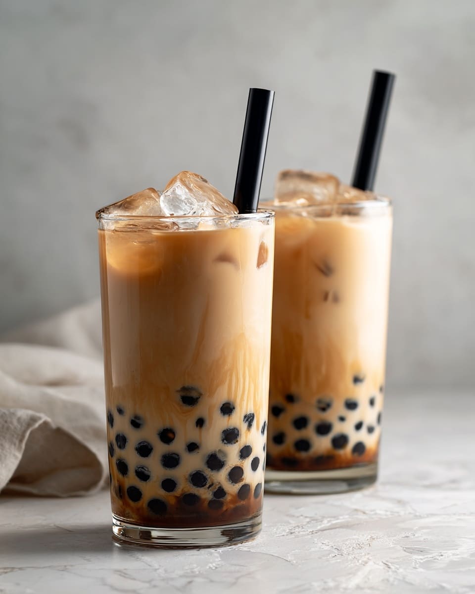 The image shows two tall clear glasses filled with three layers: black round tapioca pearls at the bottom, a thick light brown tea layer in the middle, and translucent ice cubes floating on top. Both glasses have wide black straws inserted, and the drinks are placed on a white marbled surface with a soft, light background. The liquids have a smooth, creamy texture with visible condensation on the glass surfaces. photo taken with an iphone --ar 4:5 --v 7